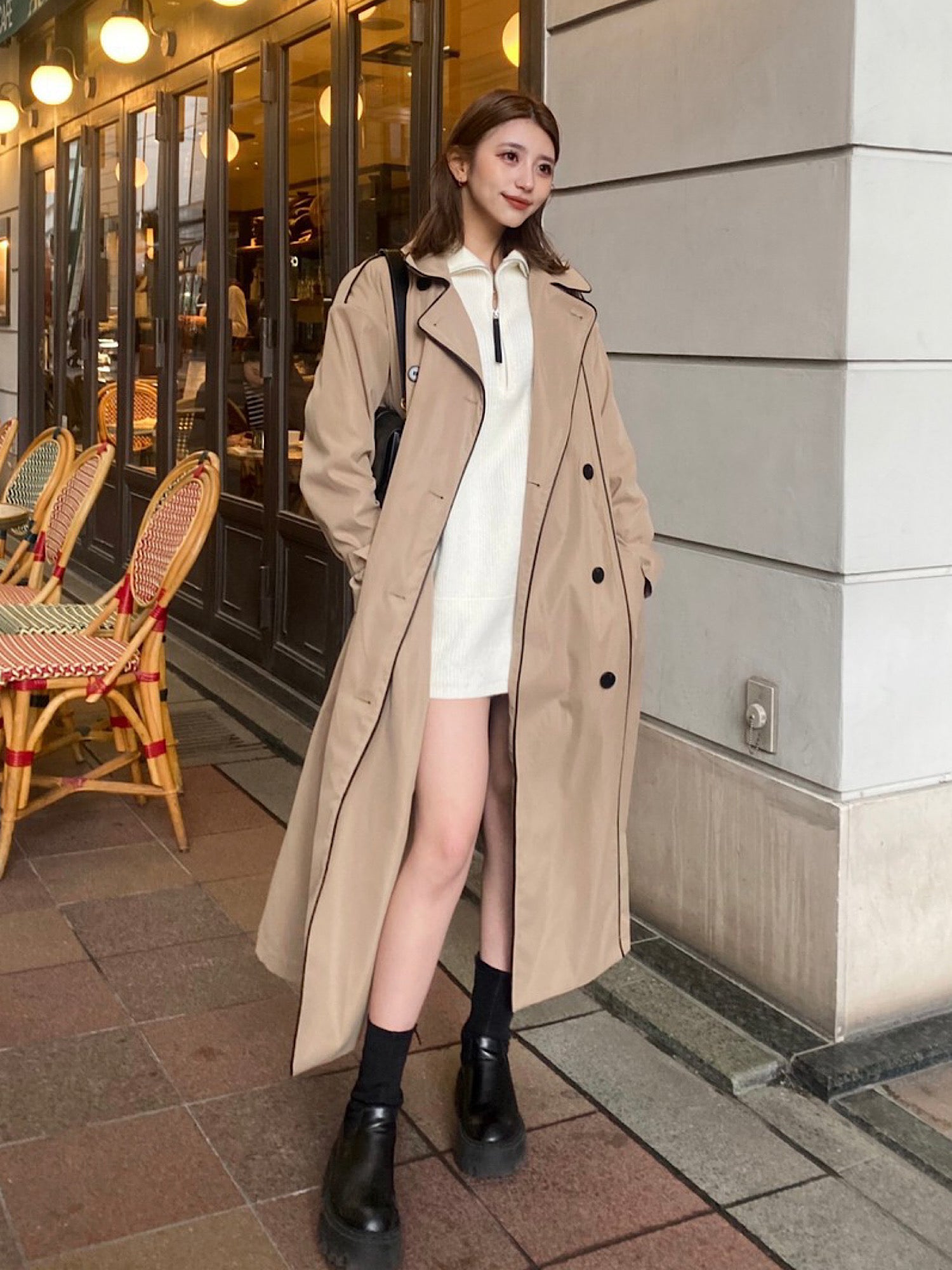 Leather piping trench coat
