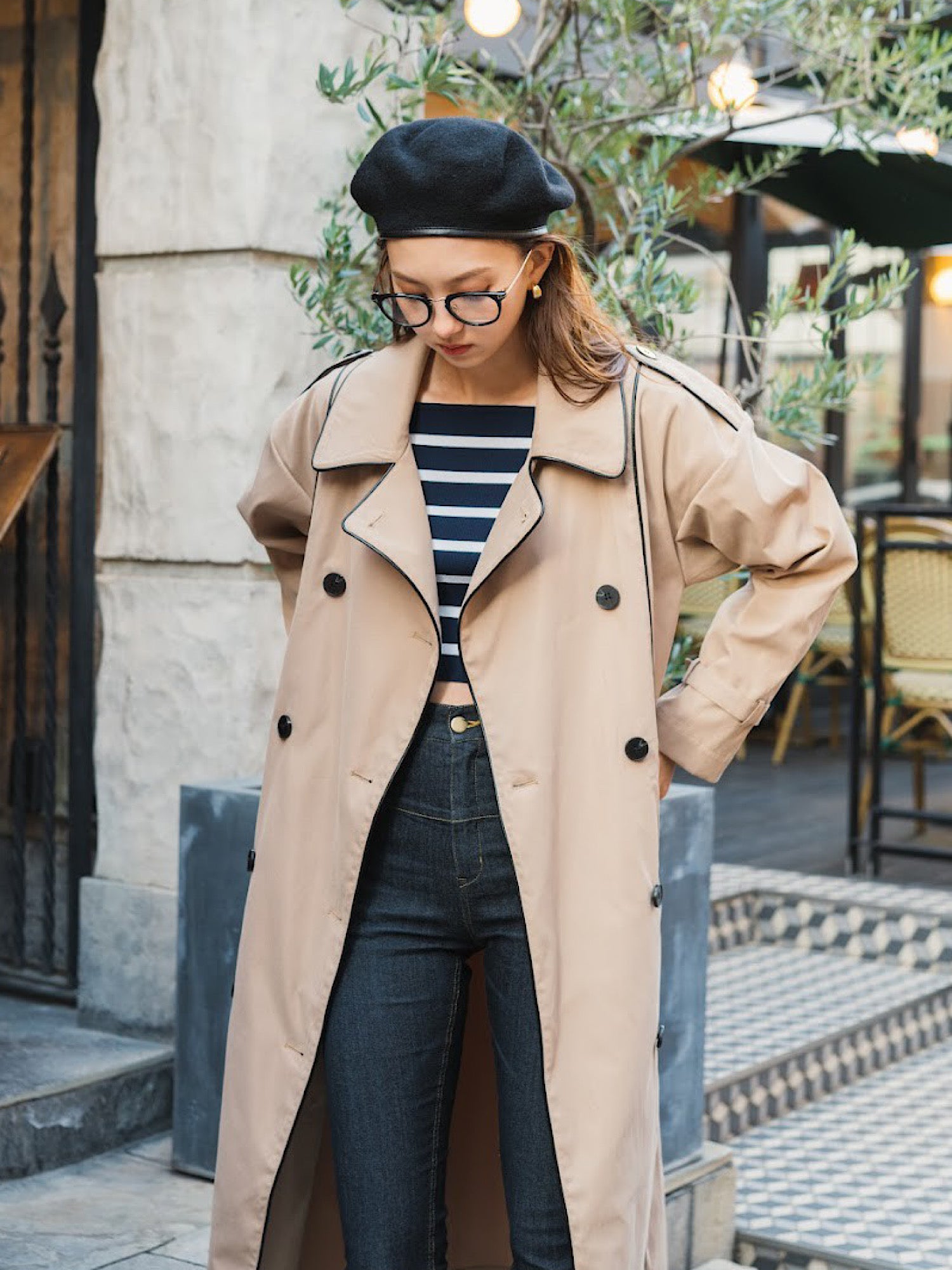 Leather piping trench coat