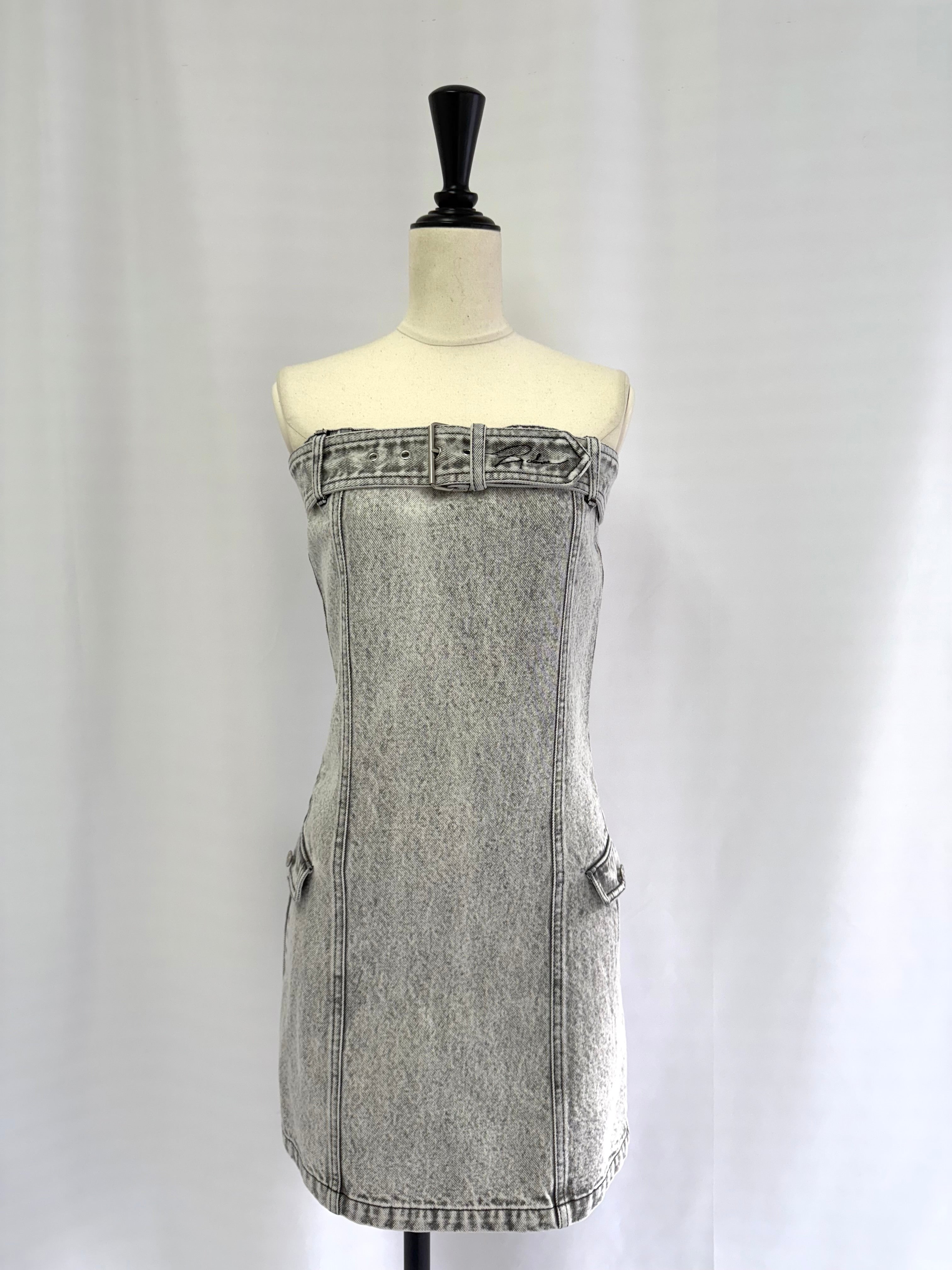 Fade denim belted mini dress