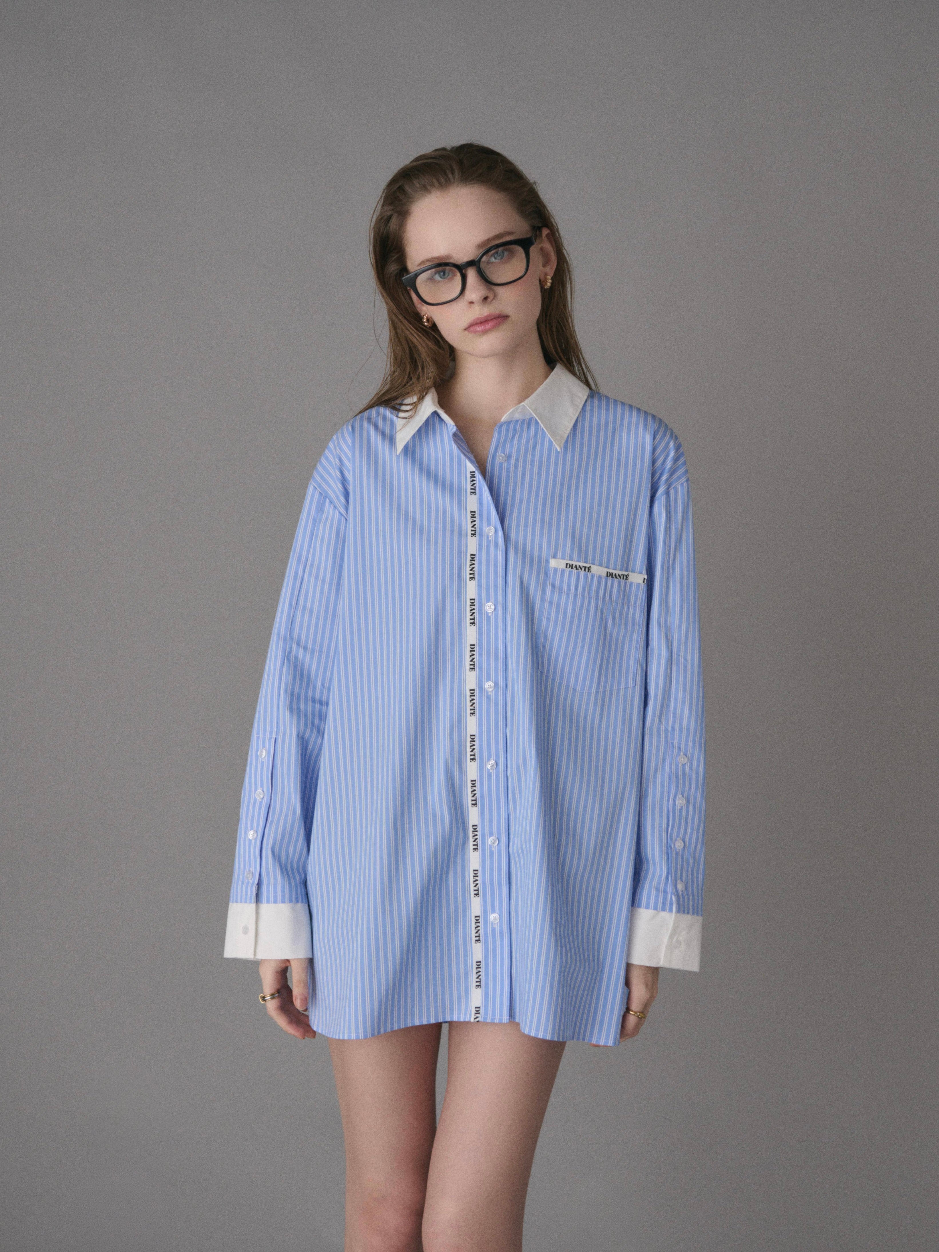 試着　diante ROLL SLEEVE LOOSE SHIRTS ストライプ Logo tape loose shirts | DIANTÉ (ディアンテ)公式通販サイト