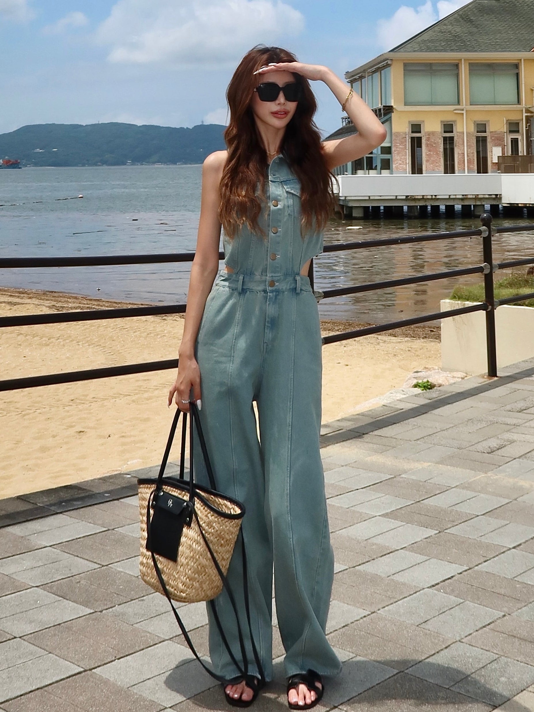 Side open denim all in one