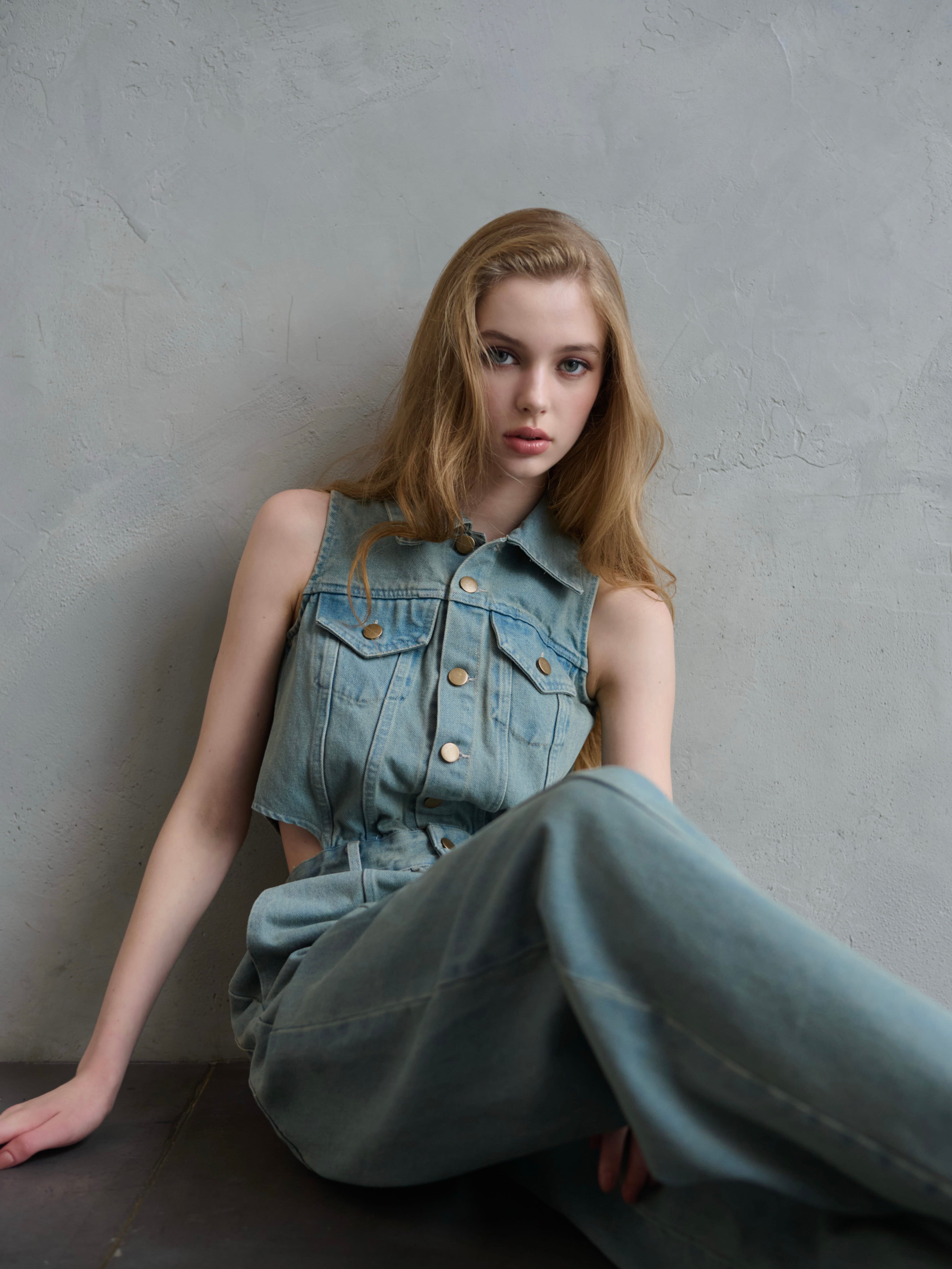 Side open denim all in one