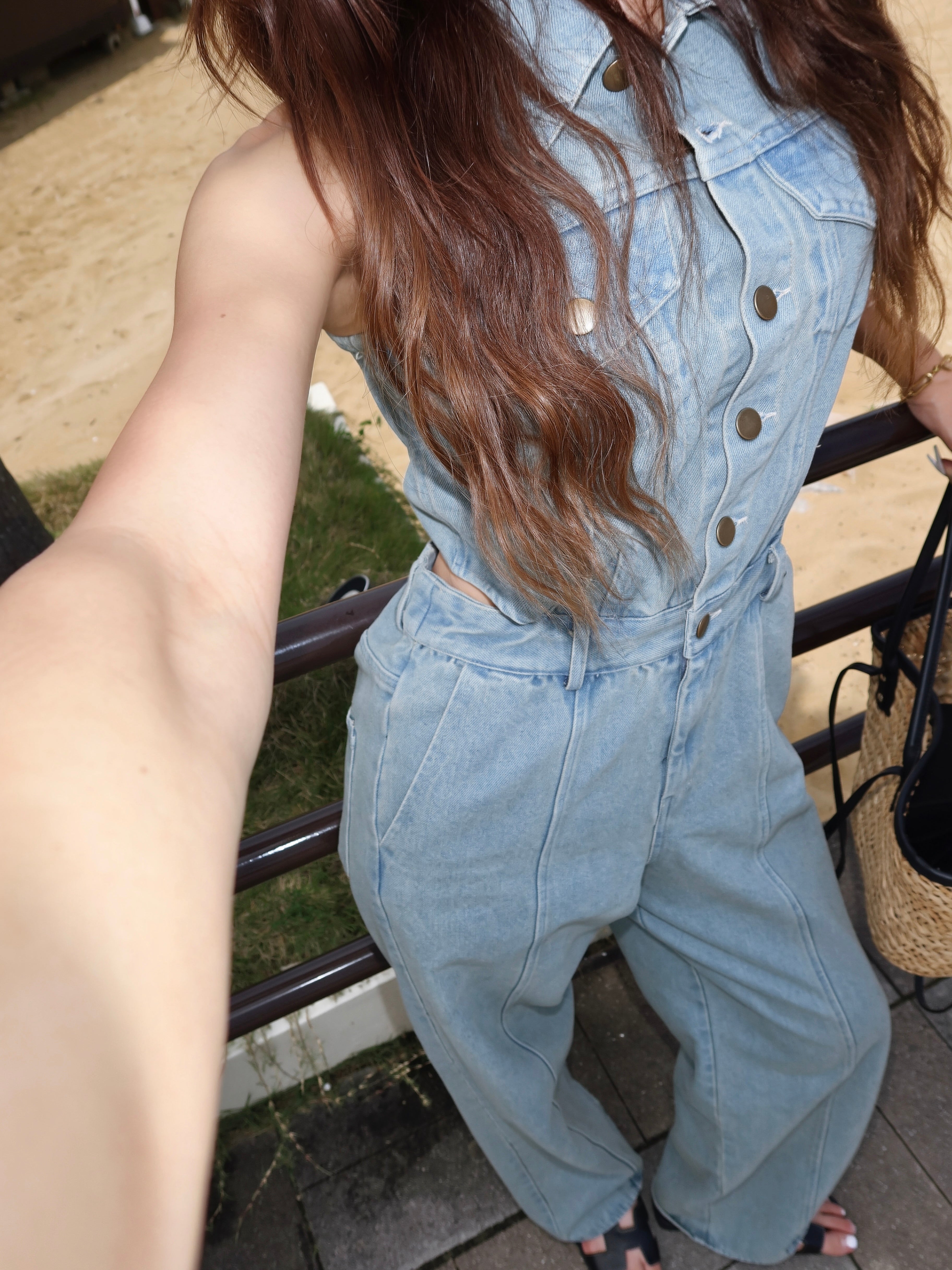 Side open denim all in one