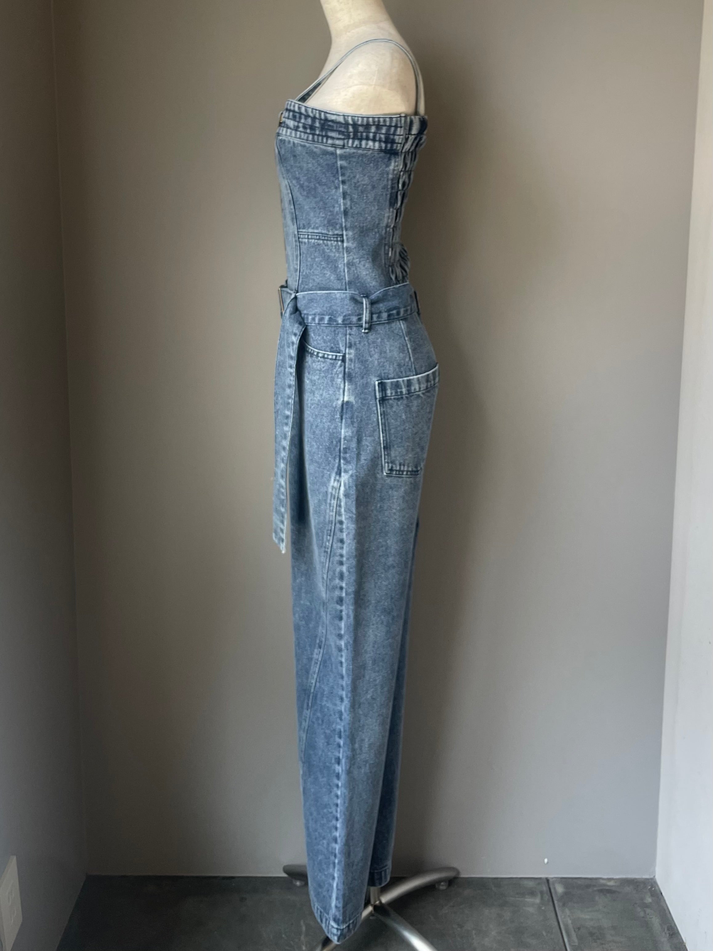 Belted denim all in one