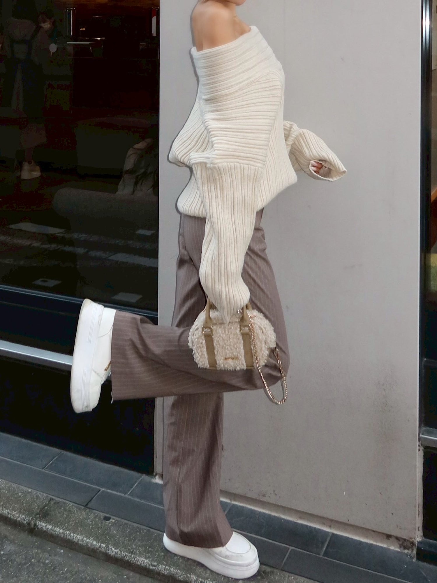 【予約】Random rib off shoulder knit(GRY 2月中旬〜下旬発送予定)