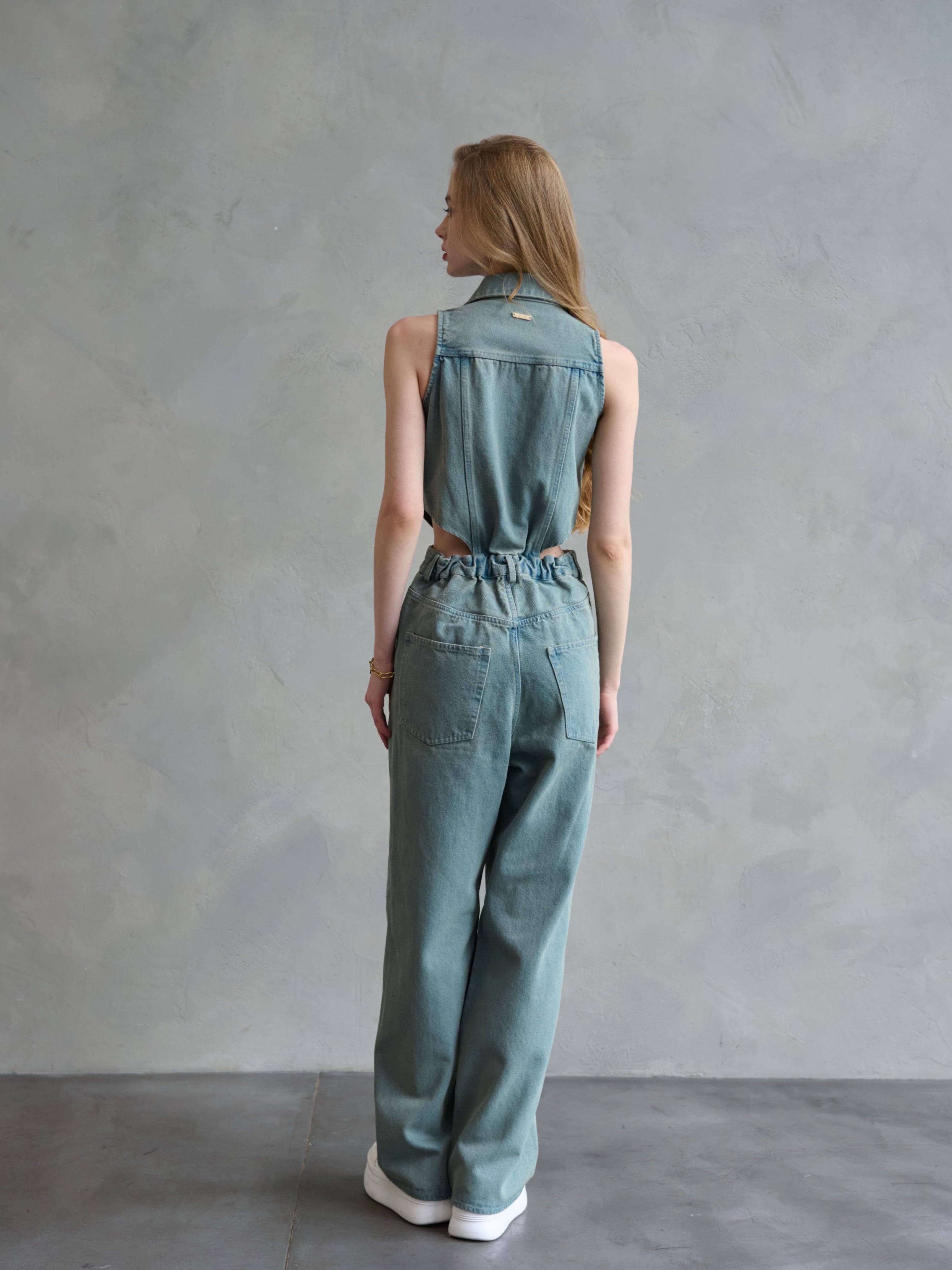 Side open denim all in one