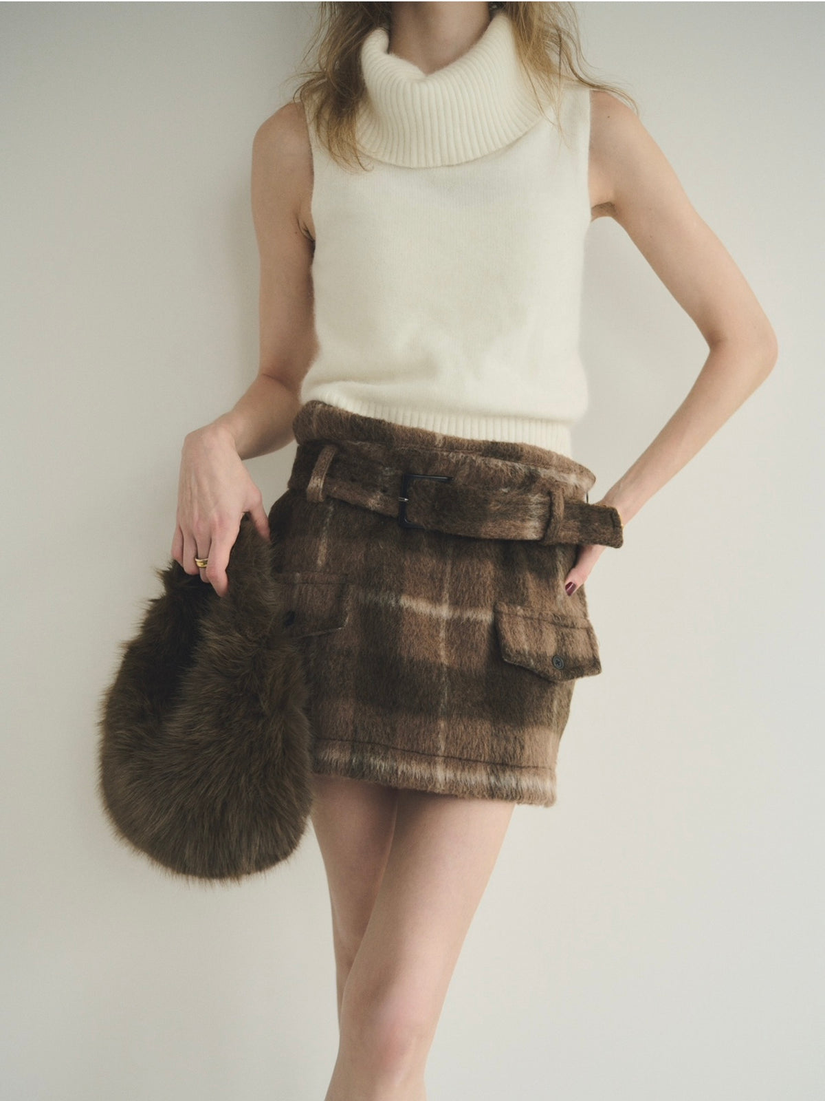 【予約】Shaggy check belted skirt with inner shorts(SETUP着用可)(10月上旬発送予定)