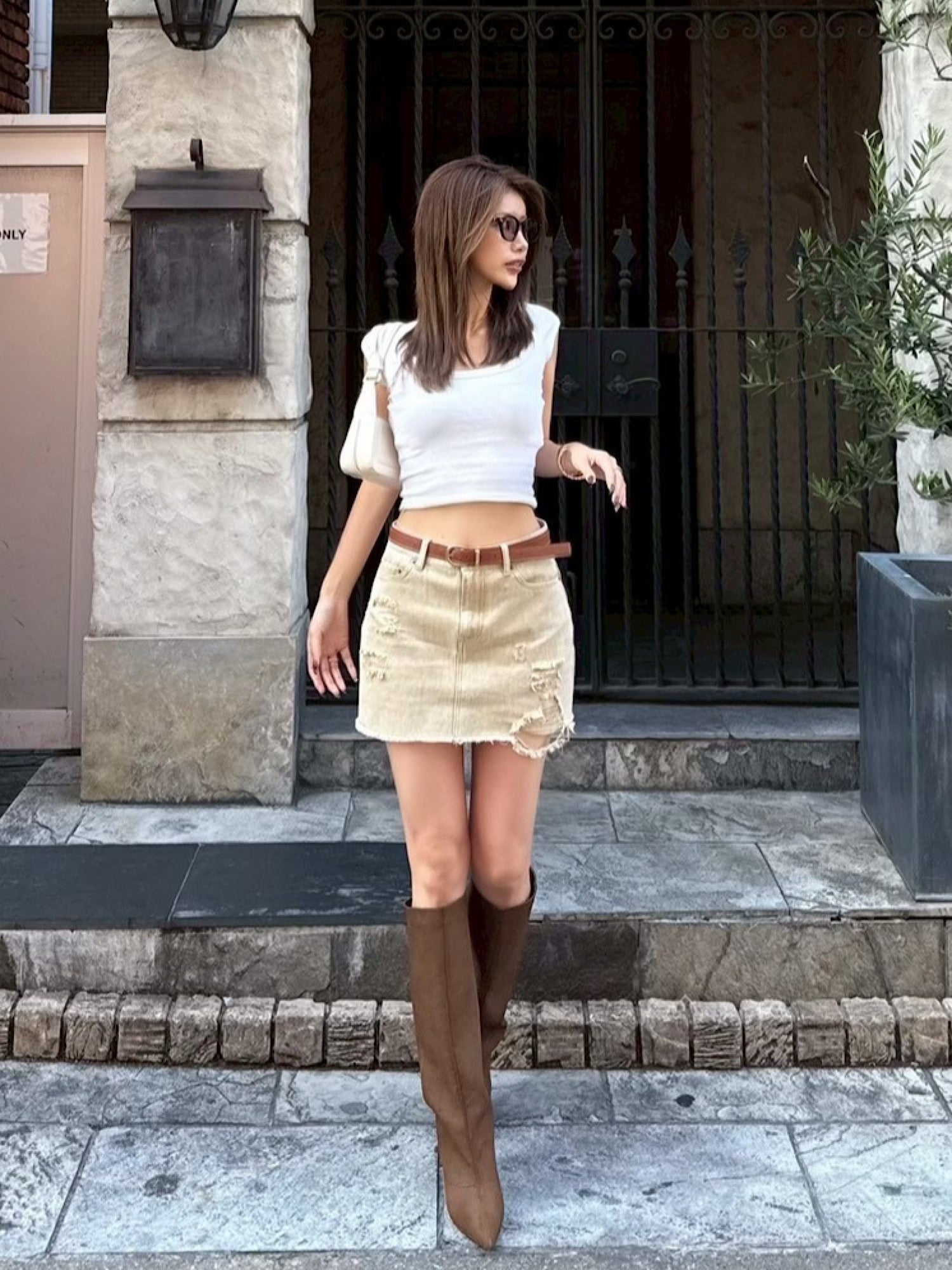 Chemical wash denim mini skirt（SET UP着用可）