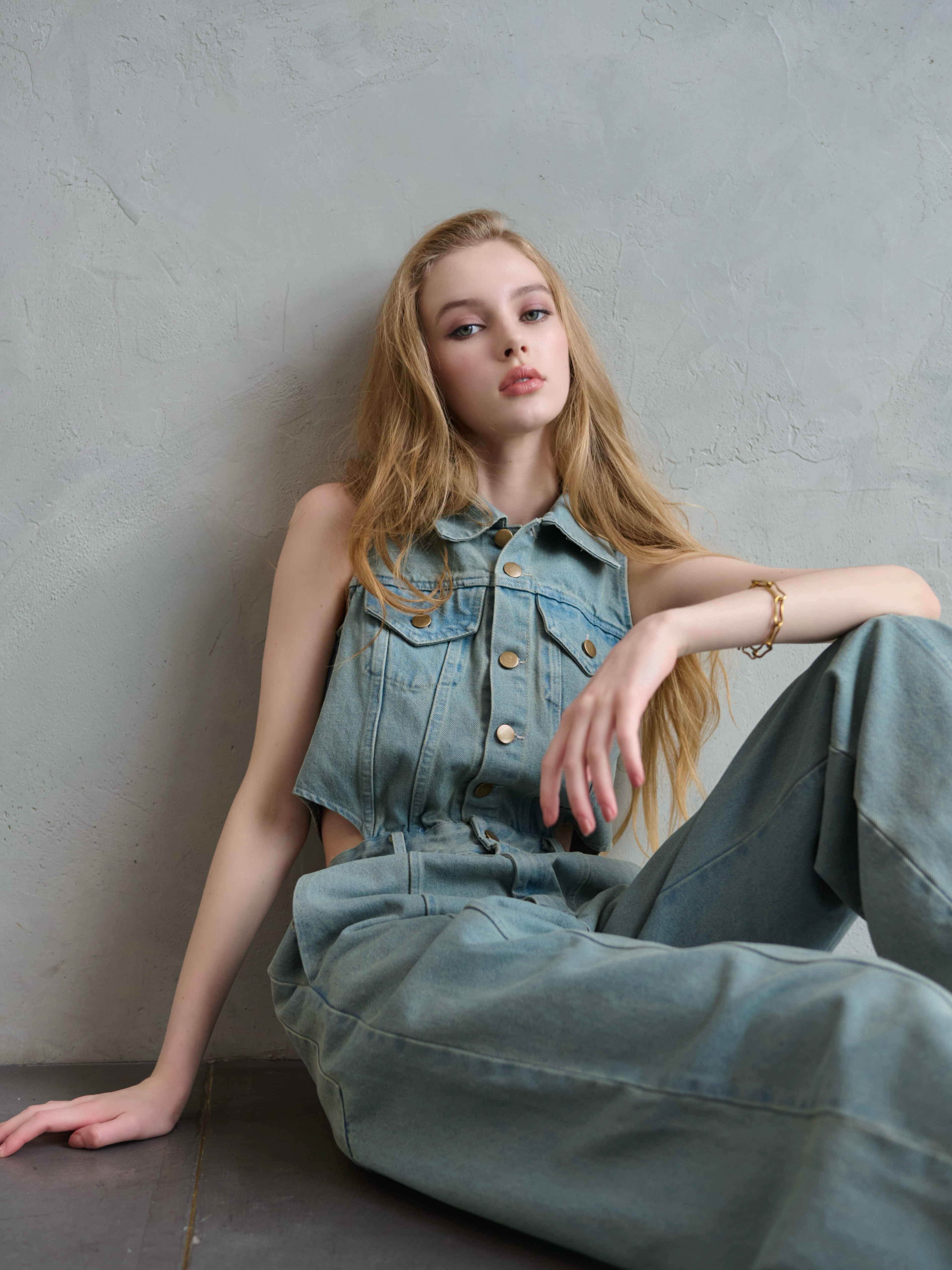 Side open denim all in one