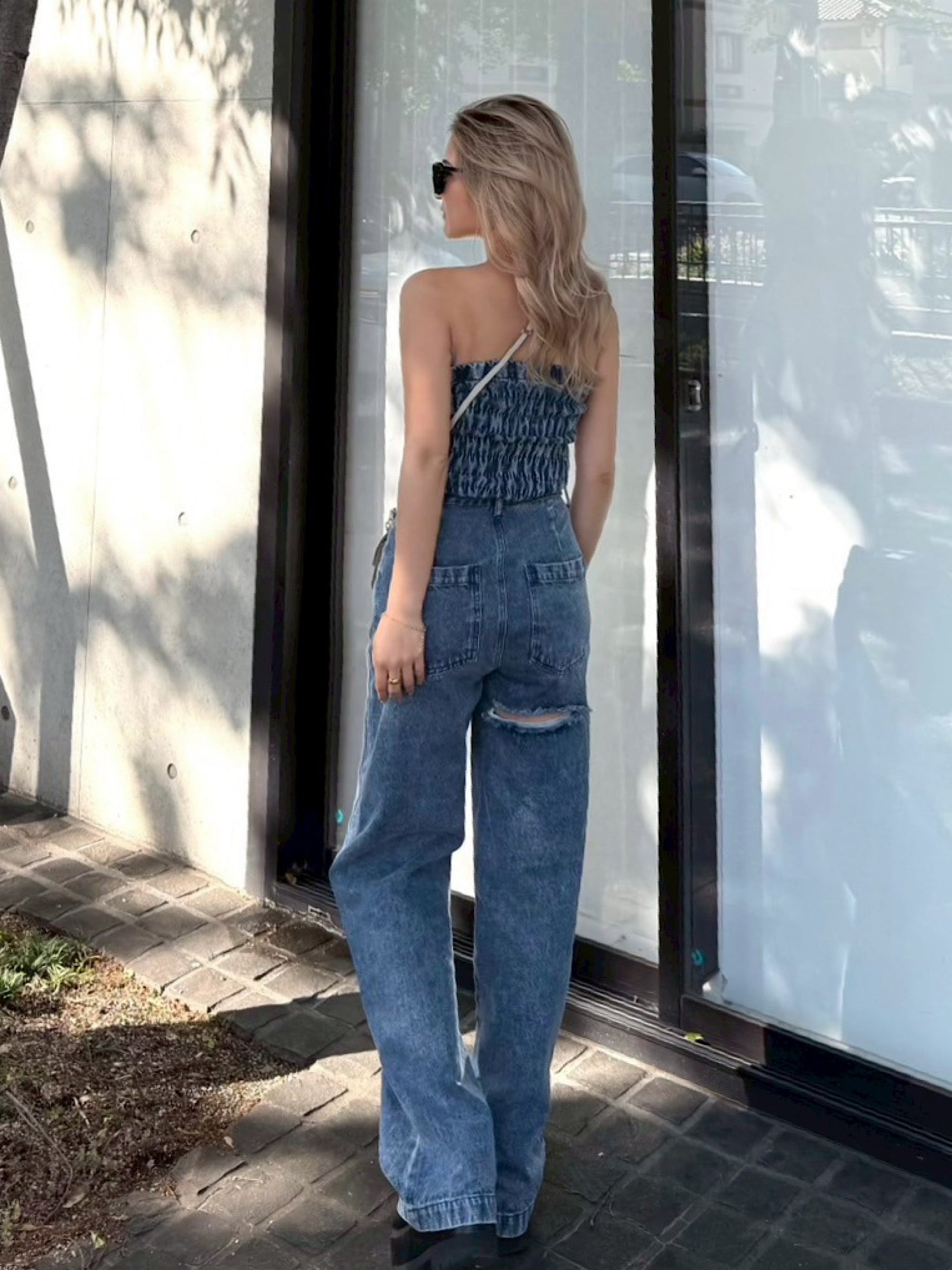 Belted denim all in one