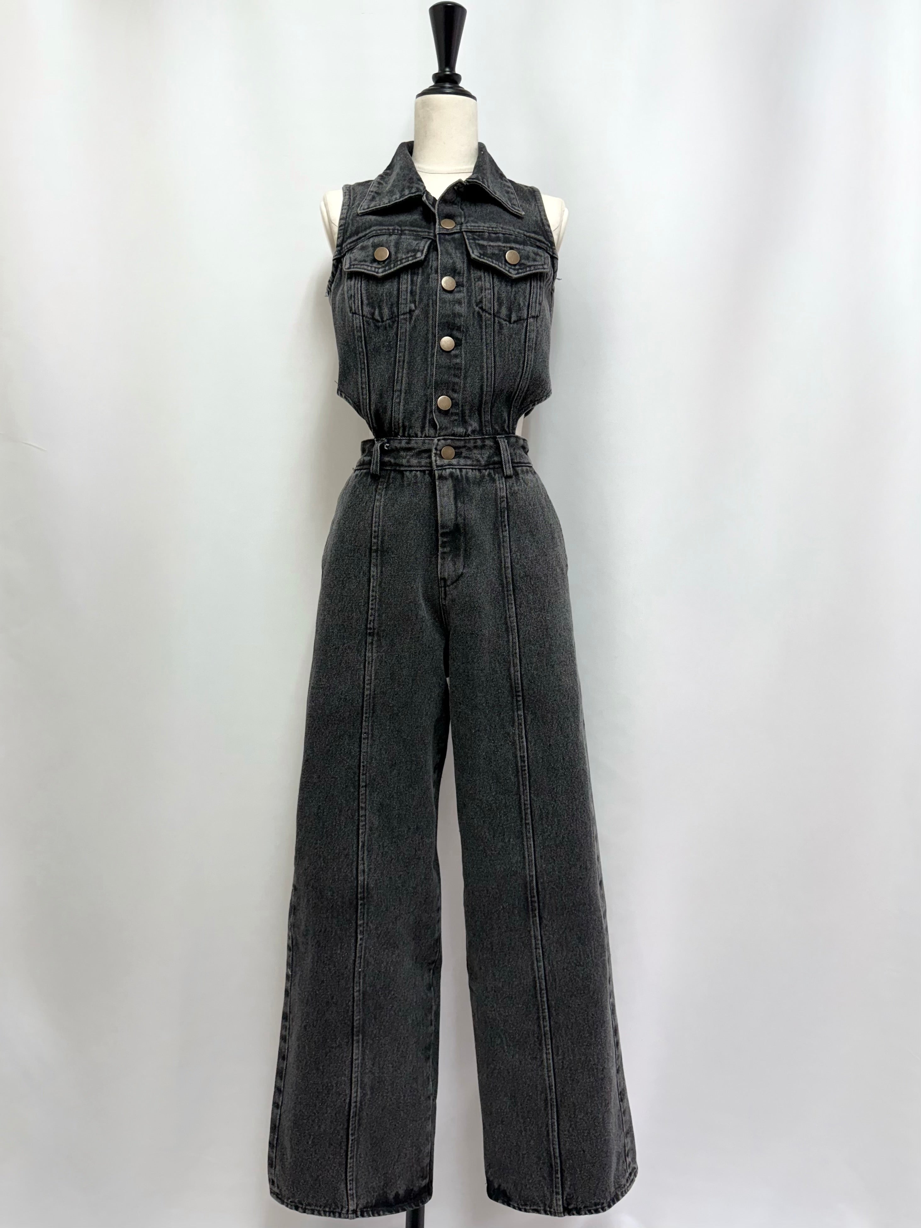 Side open denim all in one