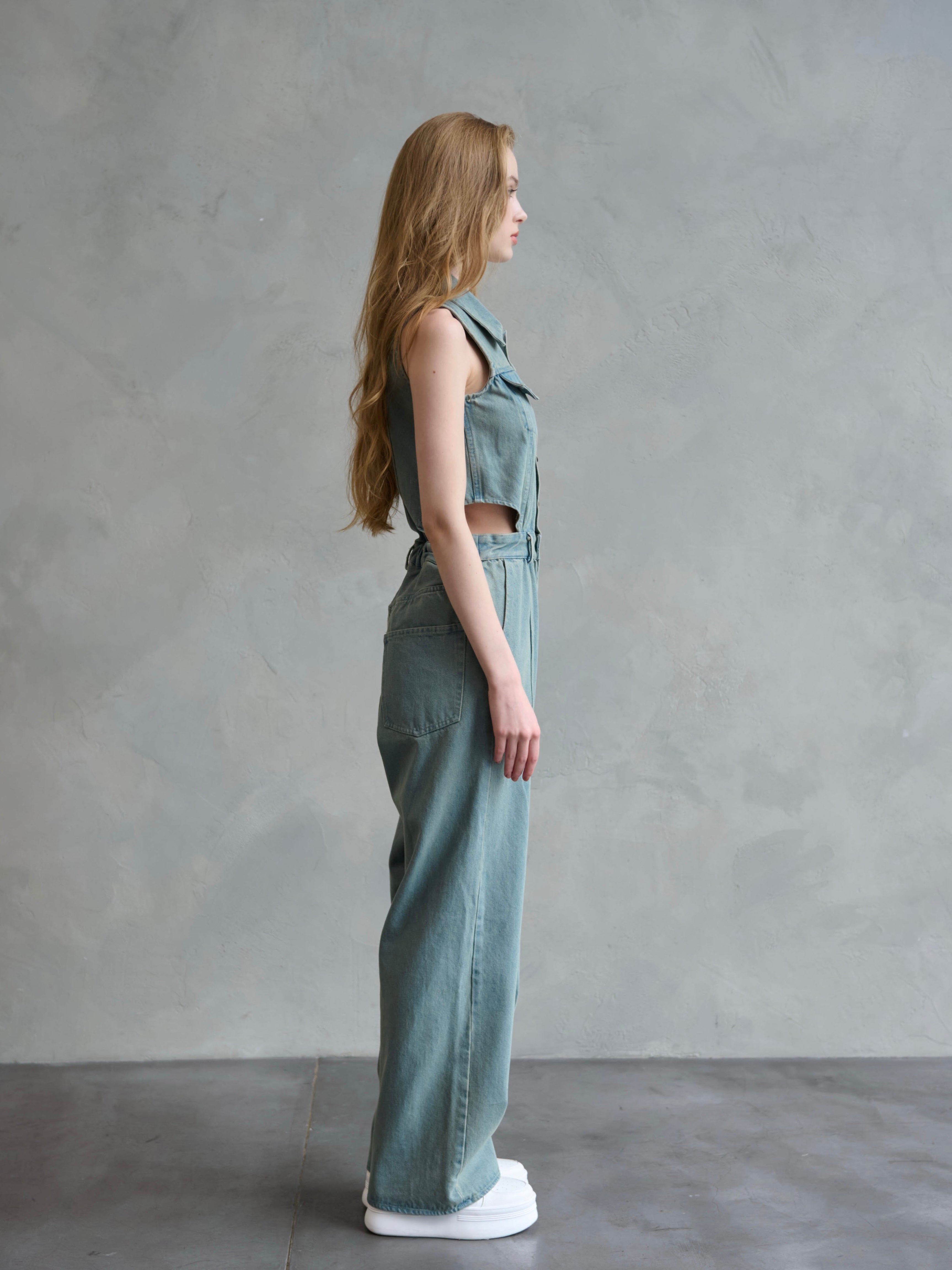 Side open denim all in one