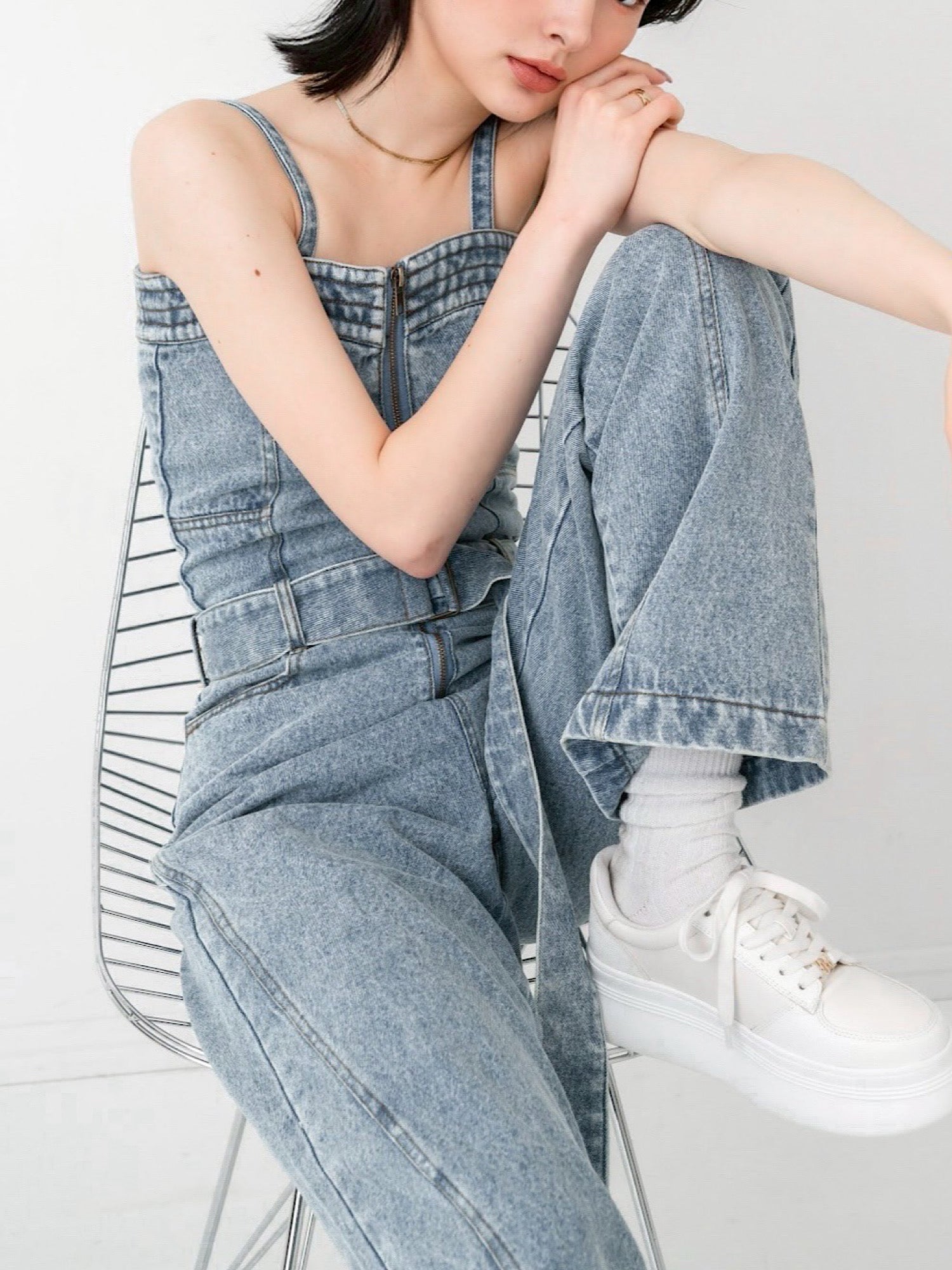 Belted denim all in one