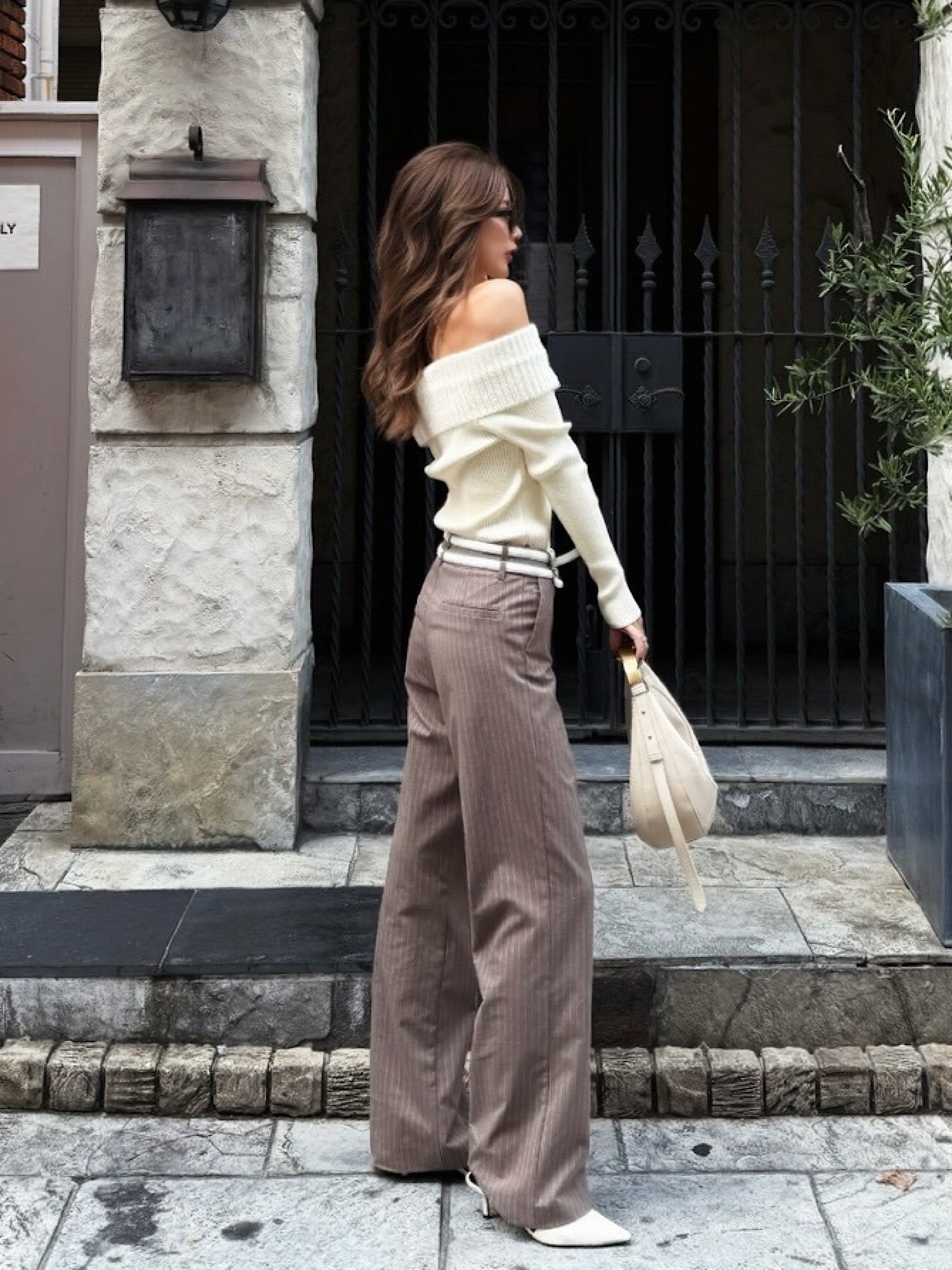 Off shoulder shaggy knit