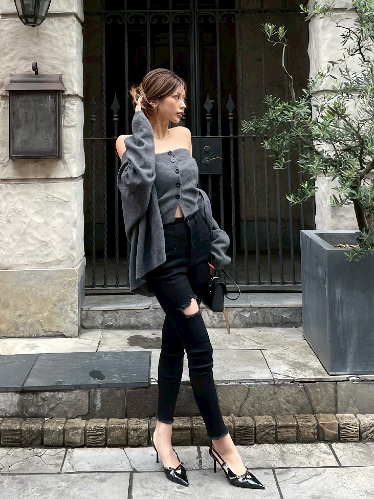 Front button baretop×Knit cardigan SET