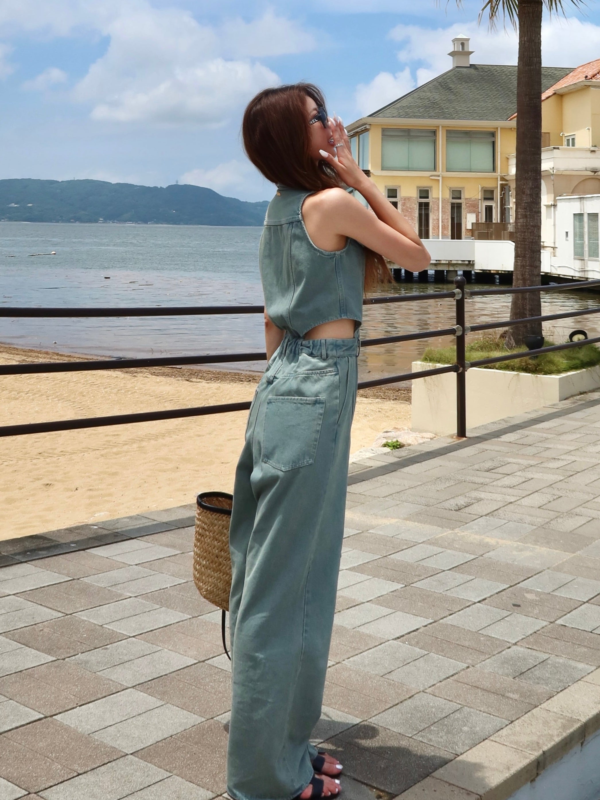 Side open denim all in one