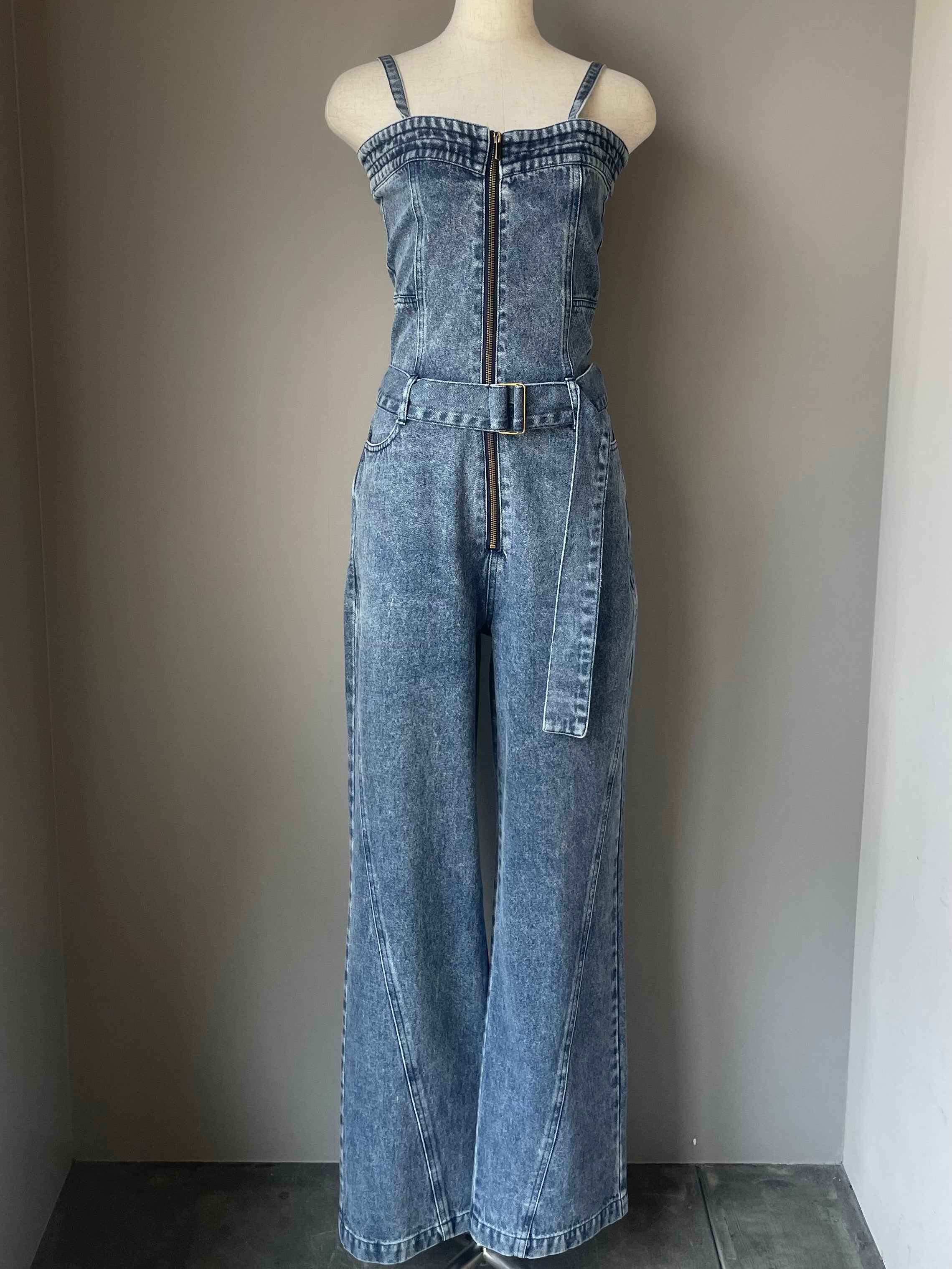 Belted denim all in one