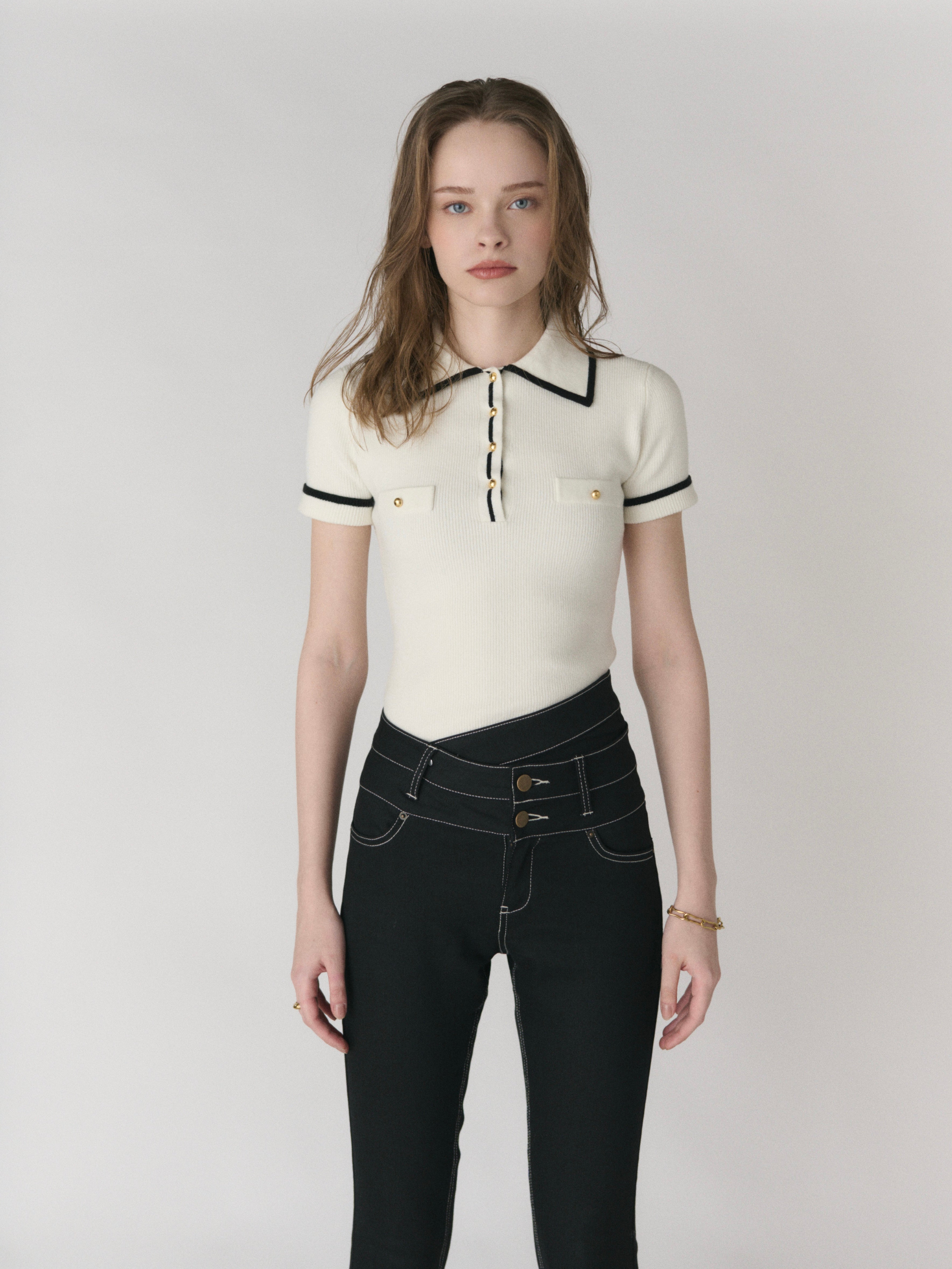 即発DIANTE Big collar gold button rib knit Big collar half sleeve rib knit | DIANTÉ (ディアンテ)公式通販サイト