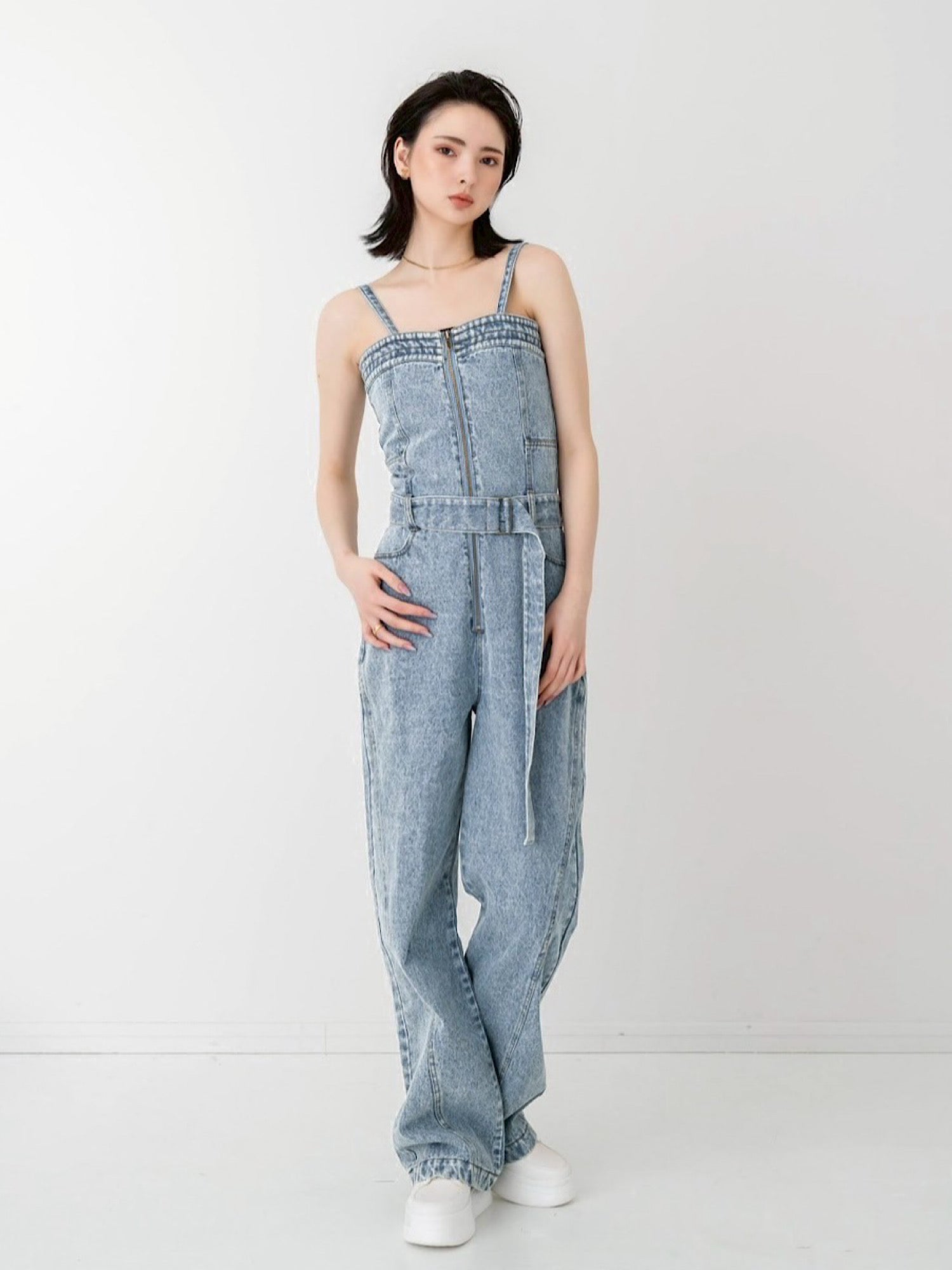 Belted denim all in one