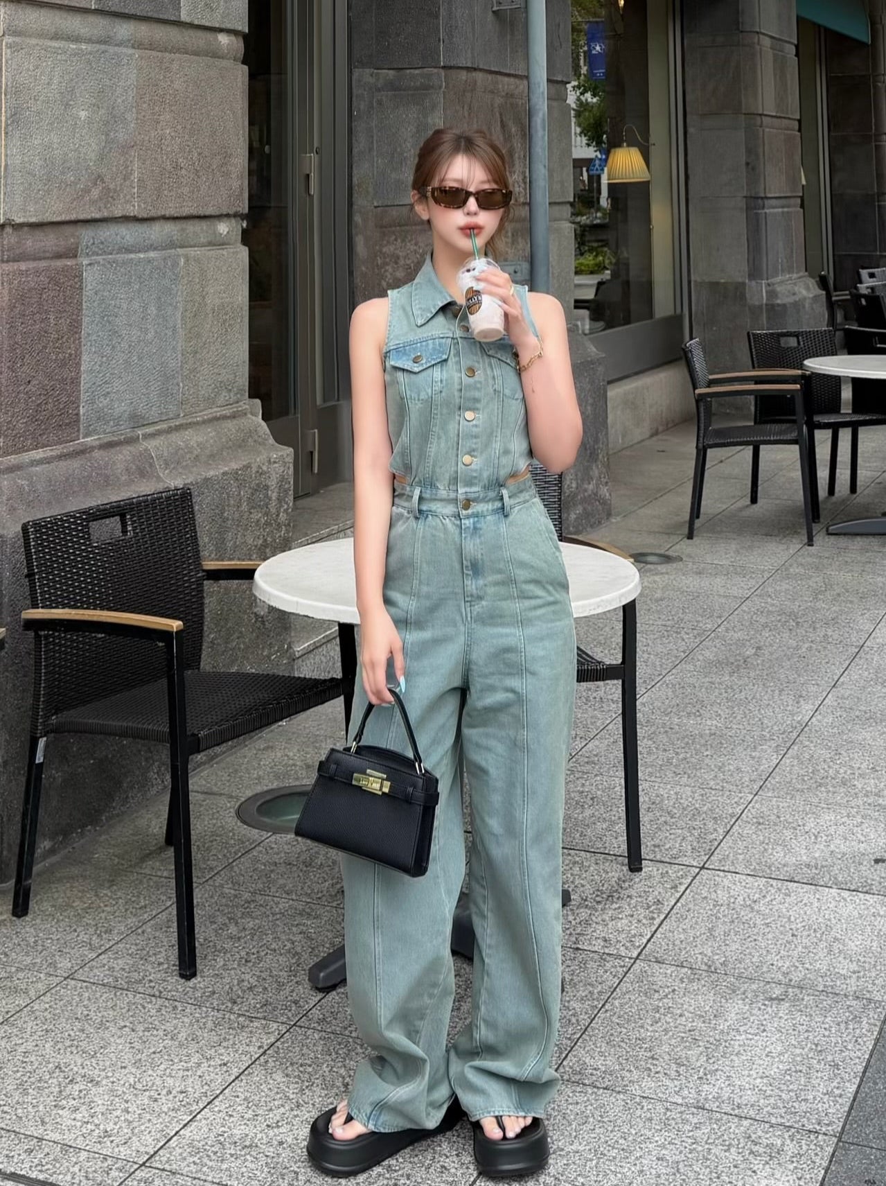 Side open denim all in one
