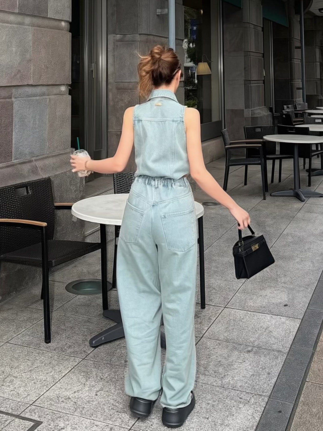 Side open denim all in one
