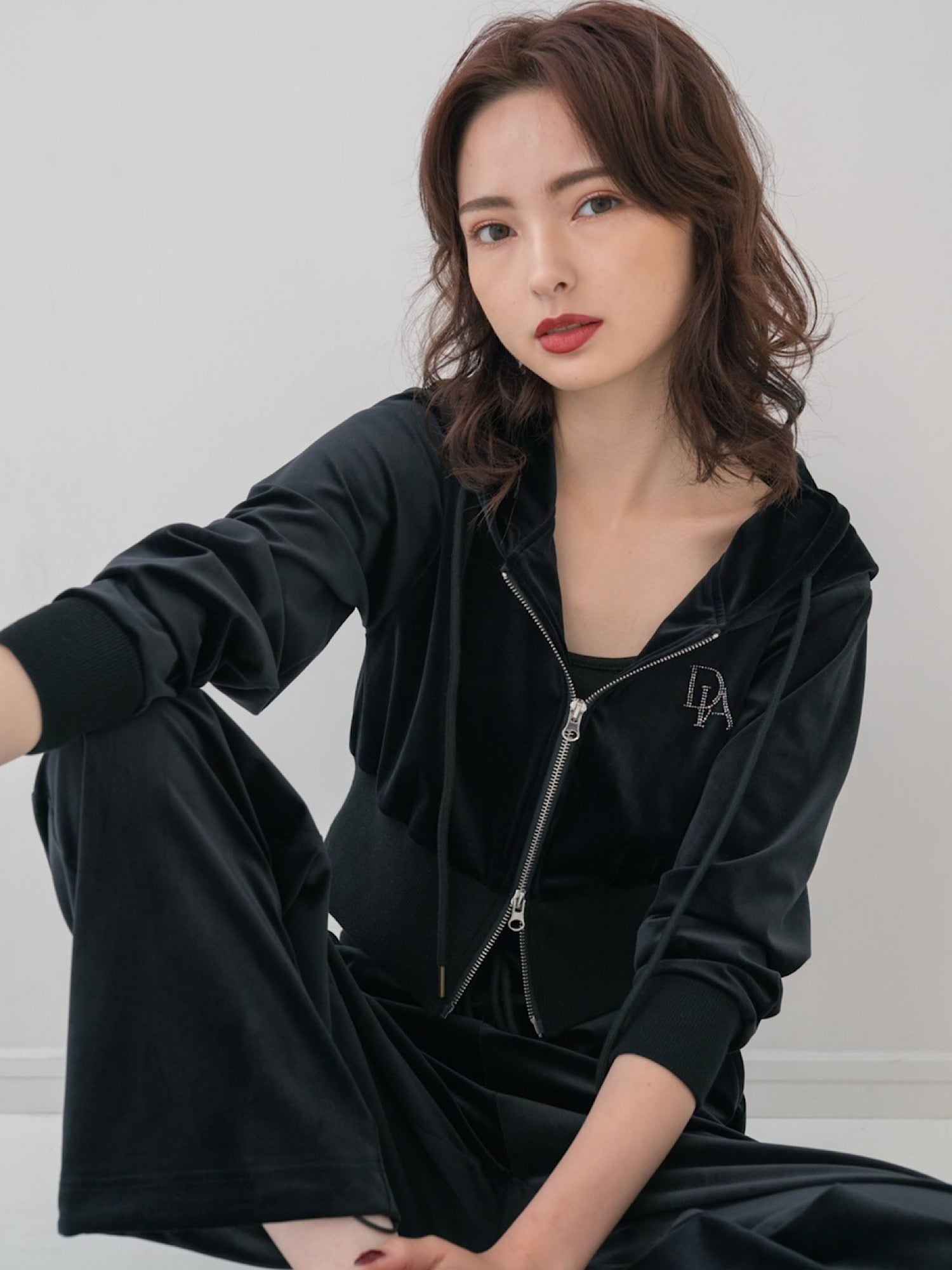 Velour cropped zip-up hoodie