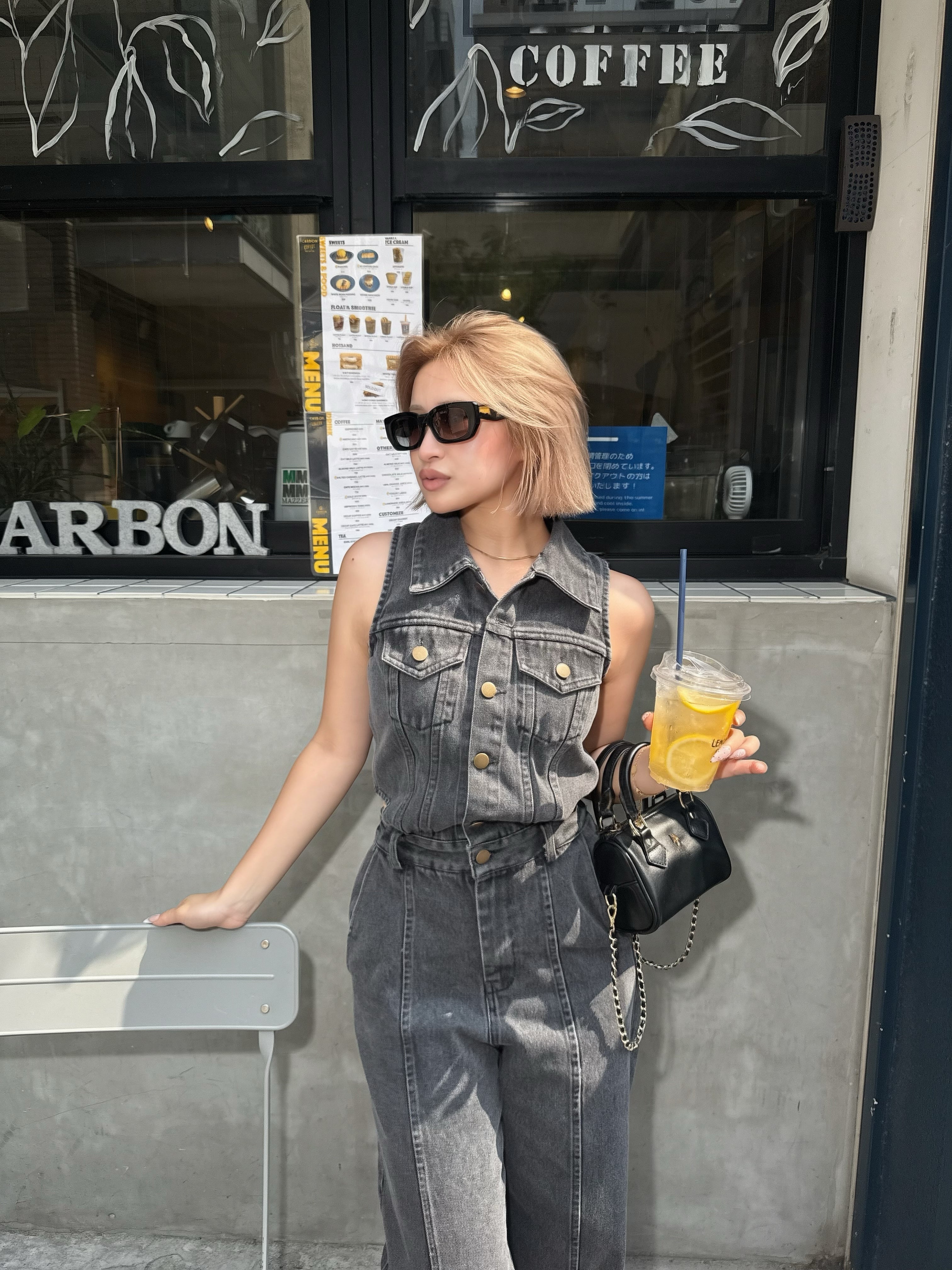 Side open denim all in one