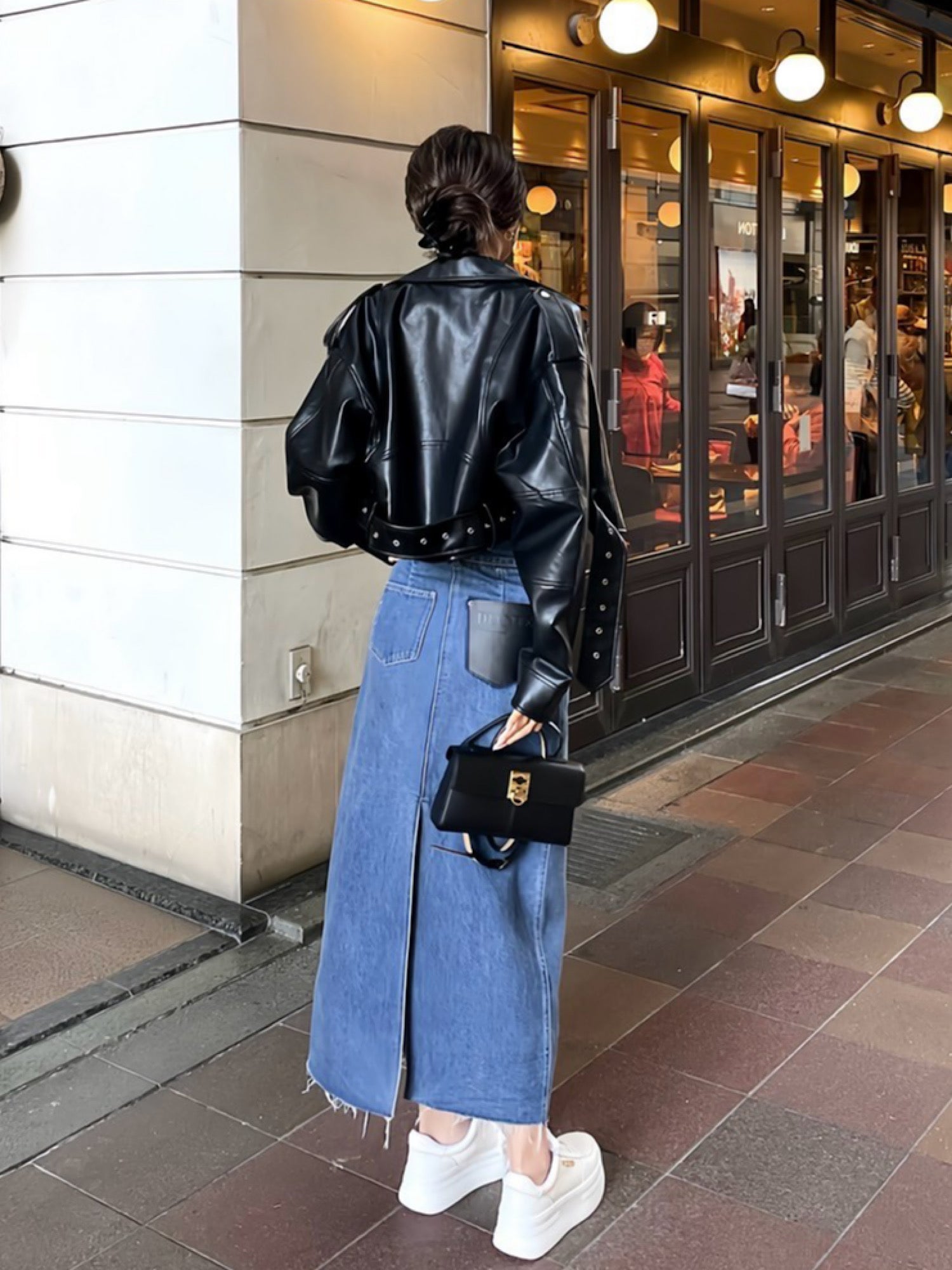 Layered slit denim skirt