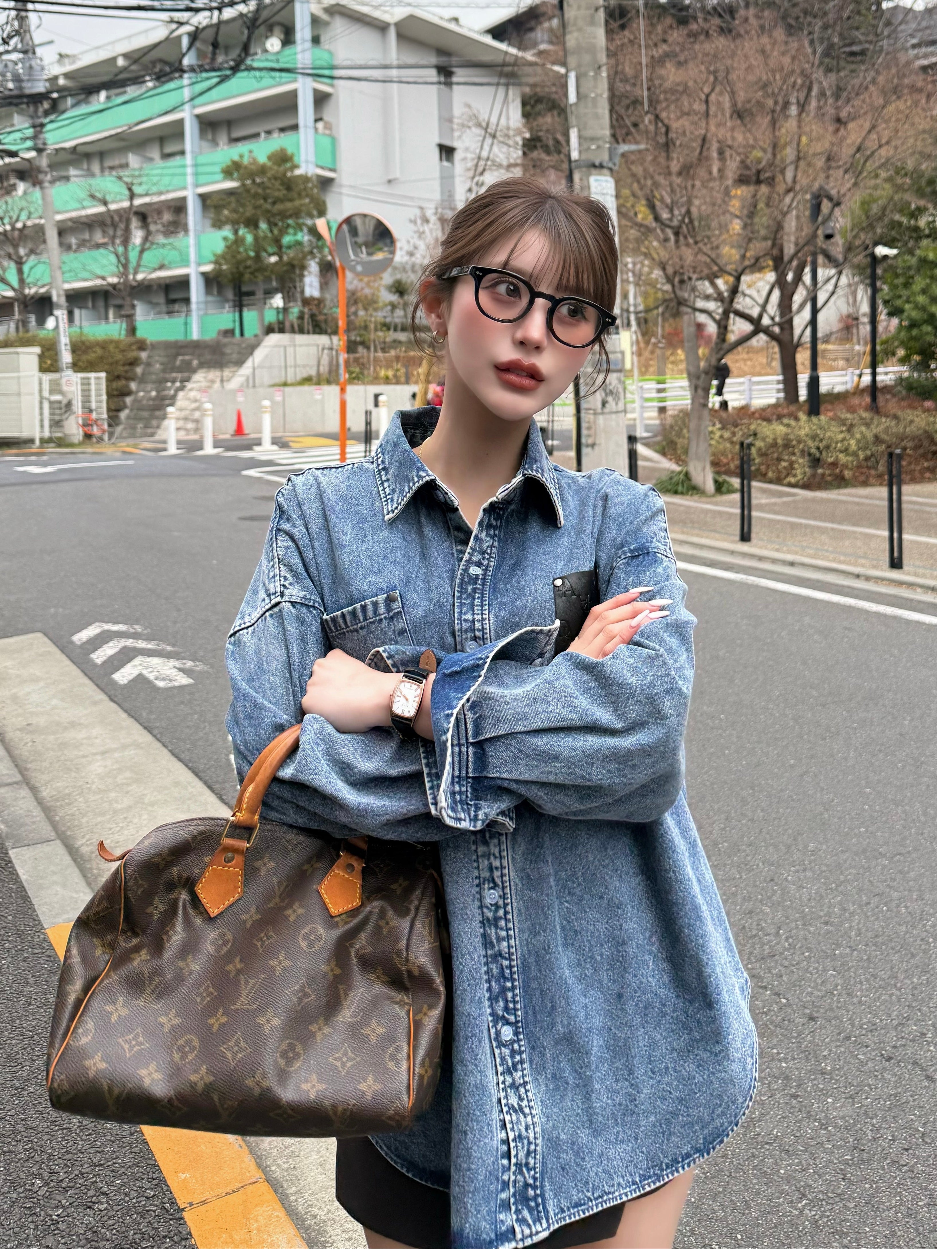 【予約】Leather pocket denim loose shirts(4月中旬〜下旬発送予定)