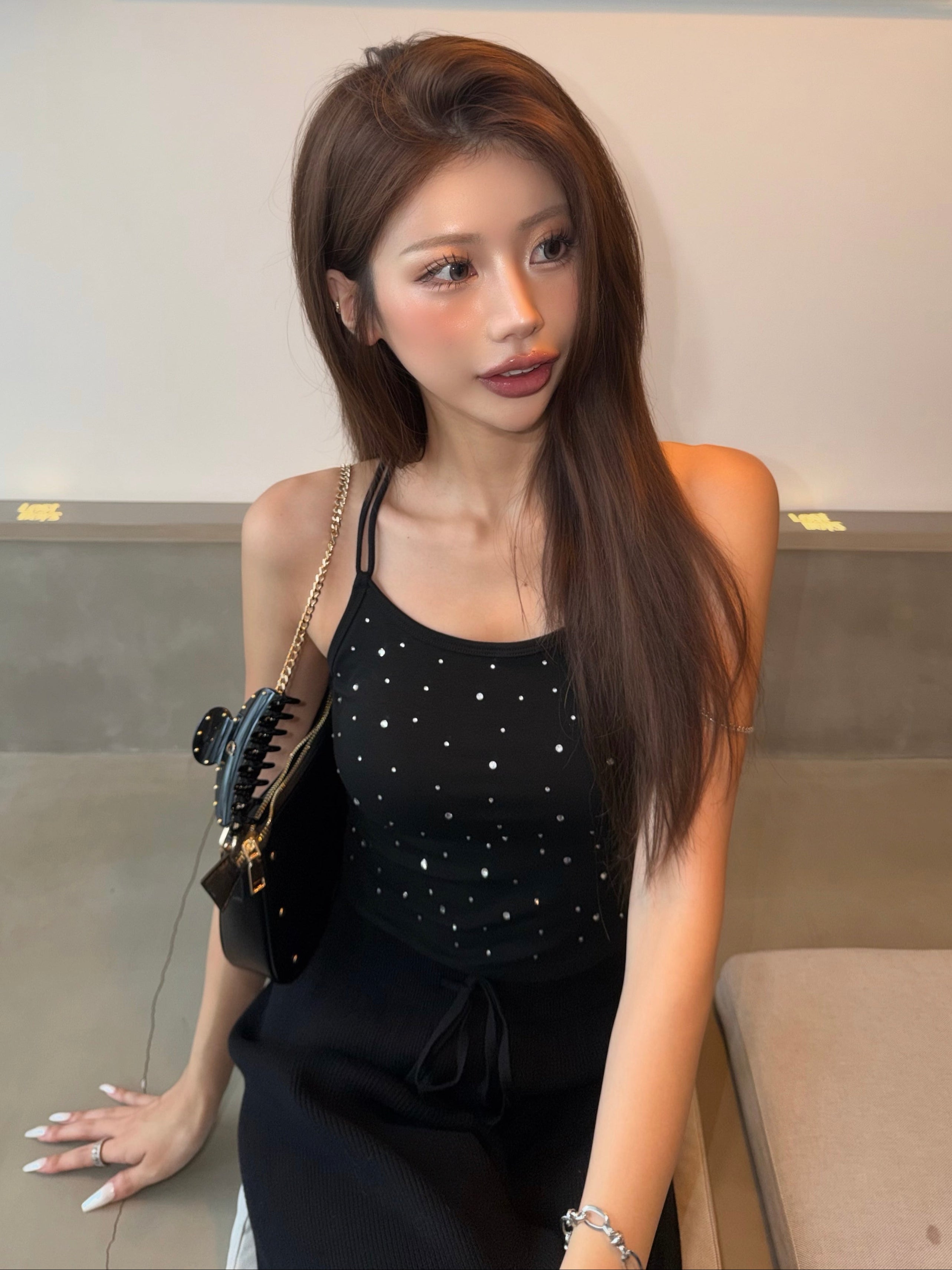 Rhinestone dot camisole with inner bra