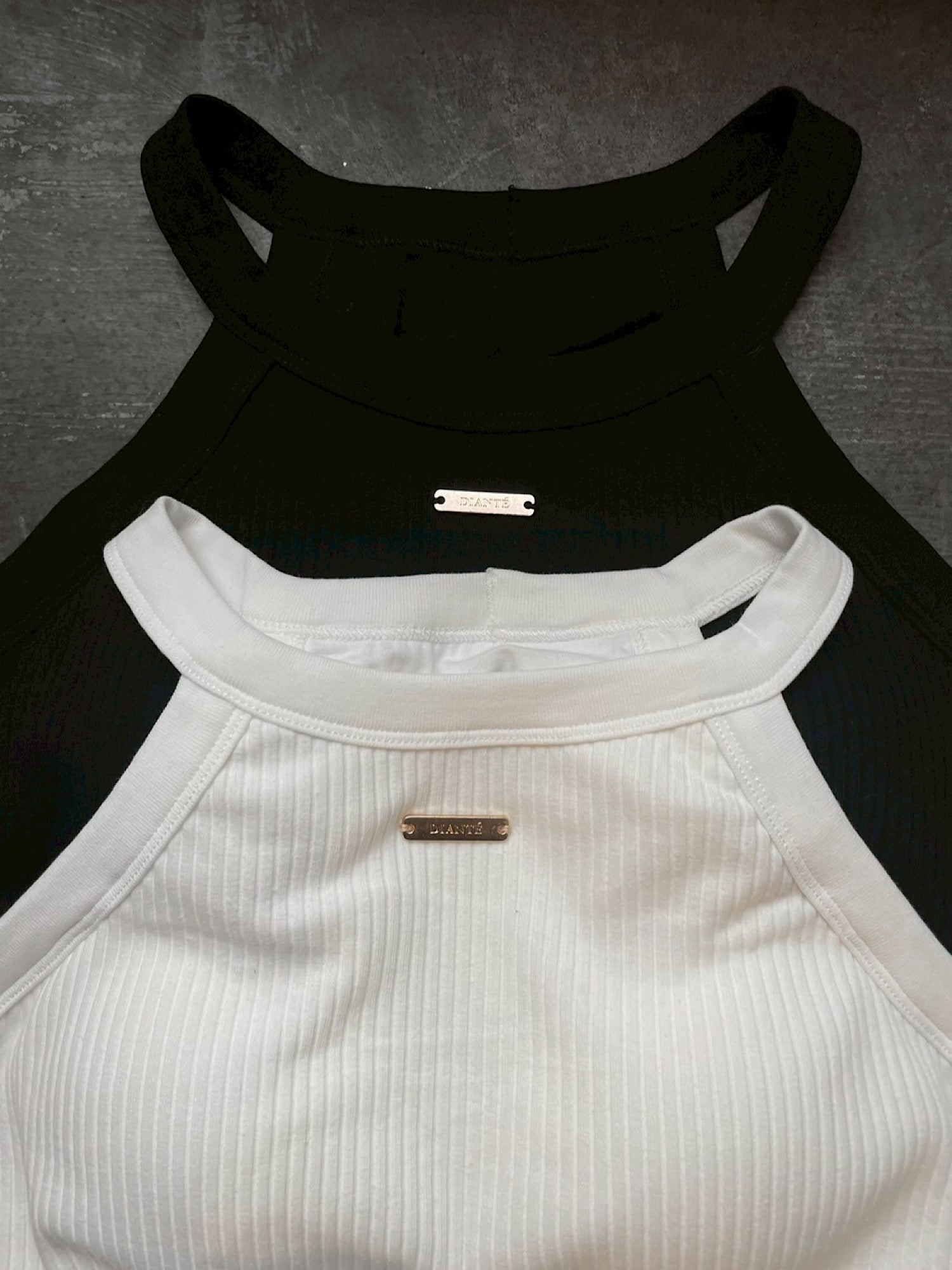 Logo plate halter neck tank tops