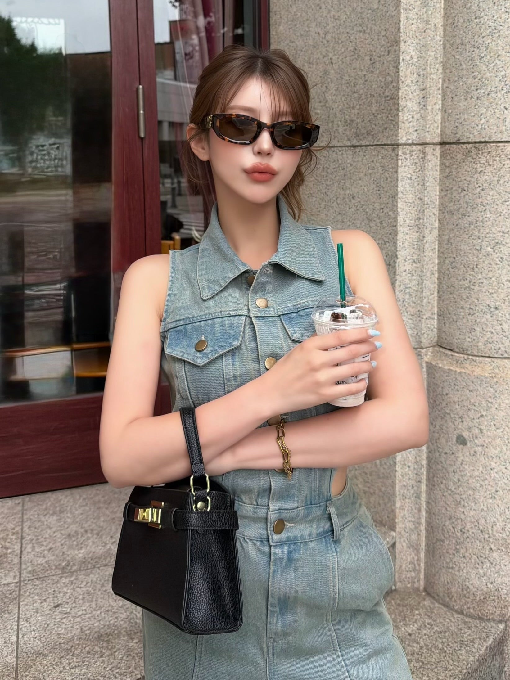 Side open denim all in one
