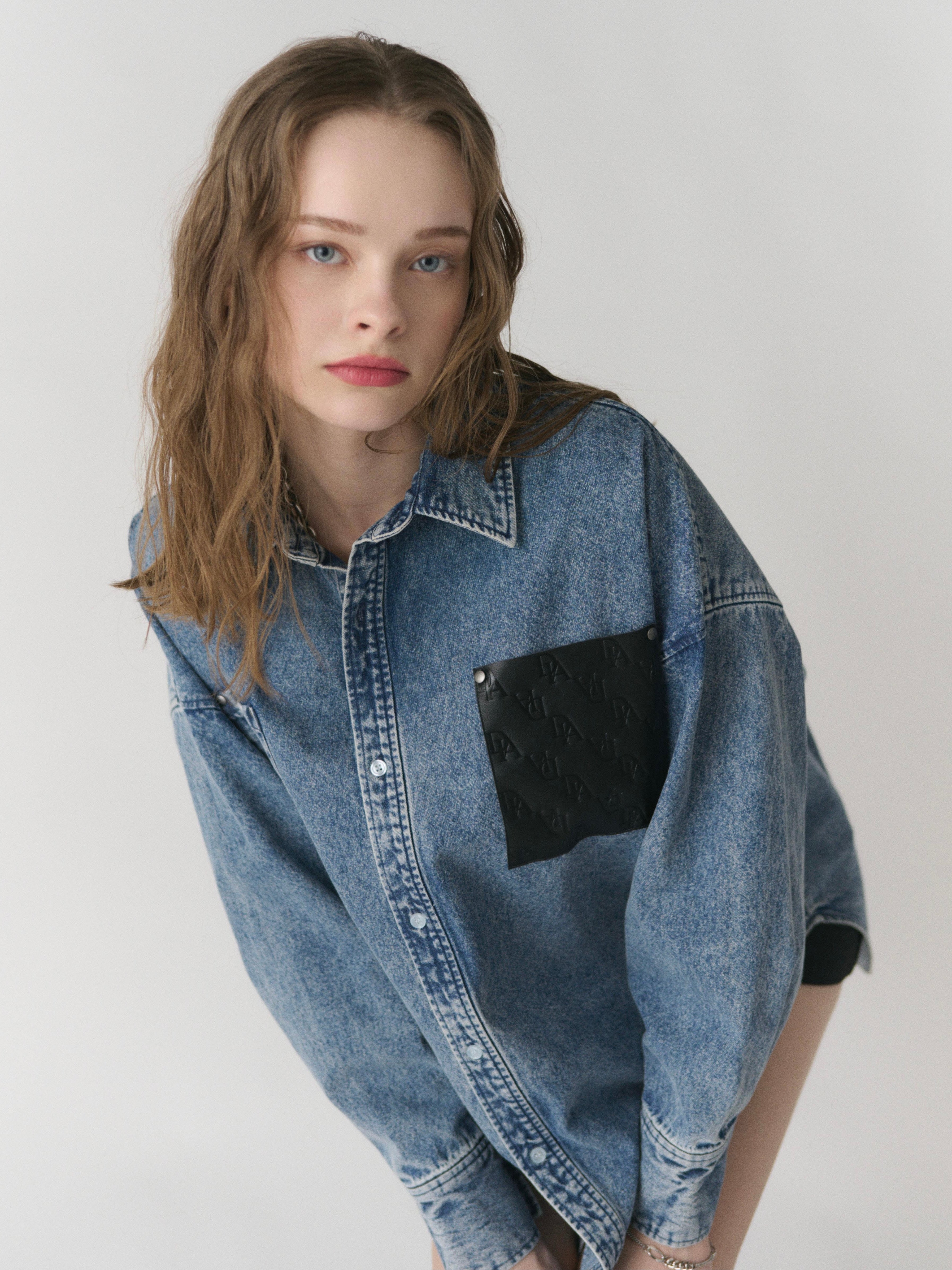 【予約】Leather pocket denim loose shirts(4月中旬〜下旬発送予定)