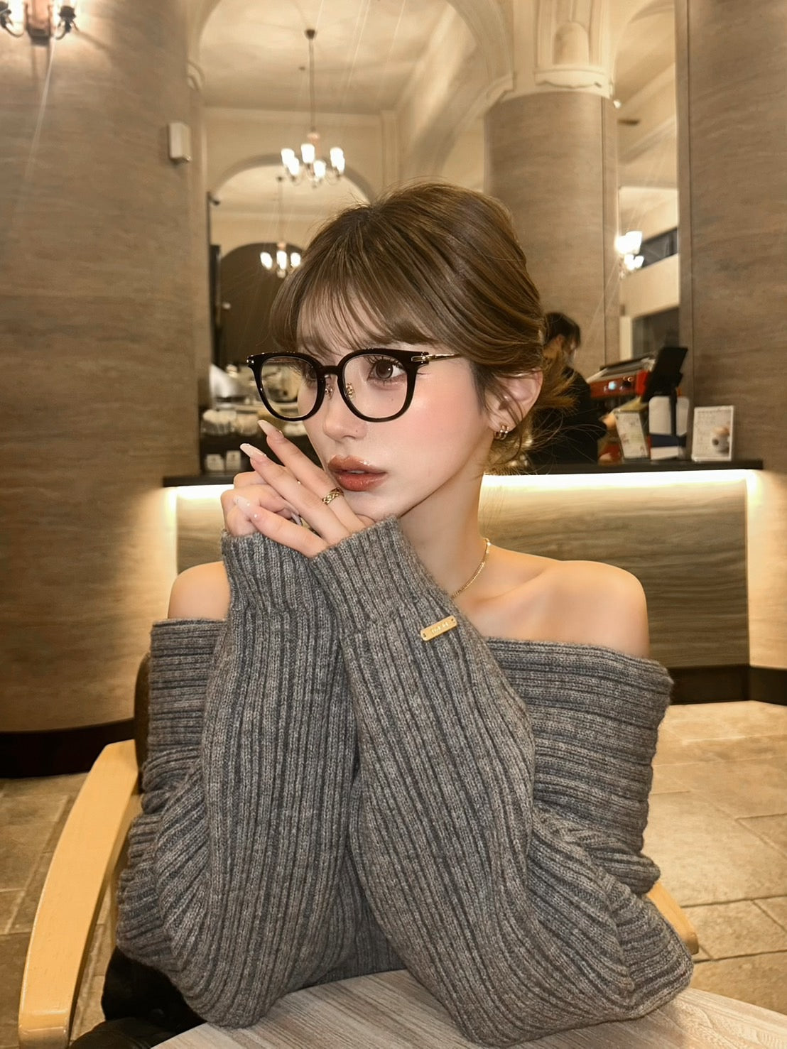 【予約】Random rib off shoulder knit(GRY 2月中旬〜下旬発送予定)