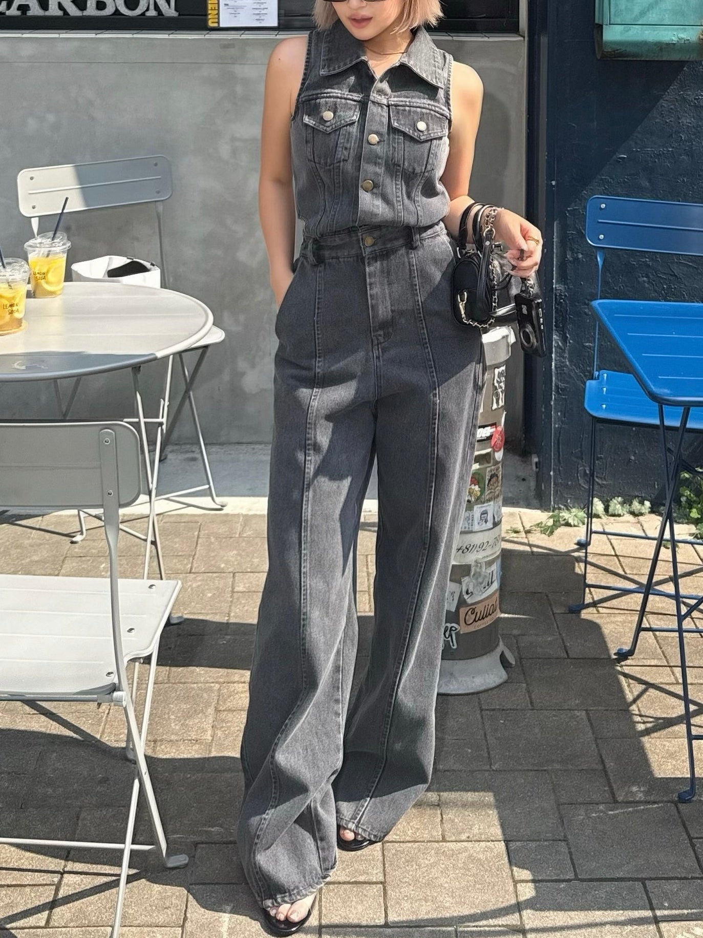 Side open denim all in one