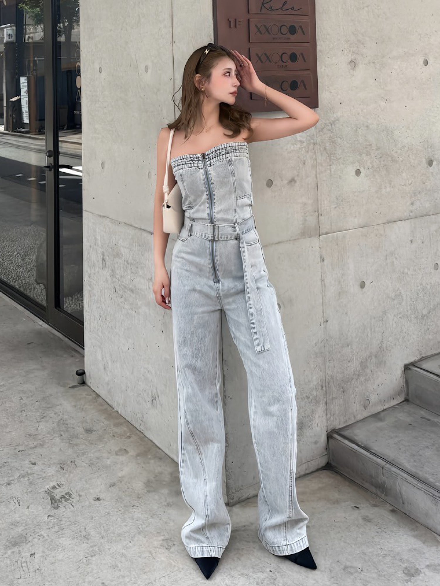 Belted denim all in one