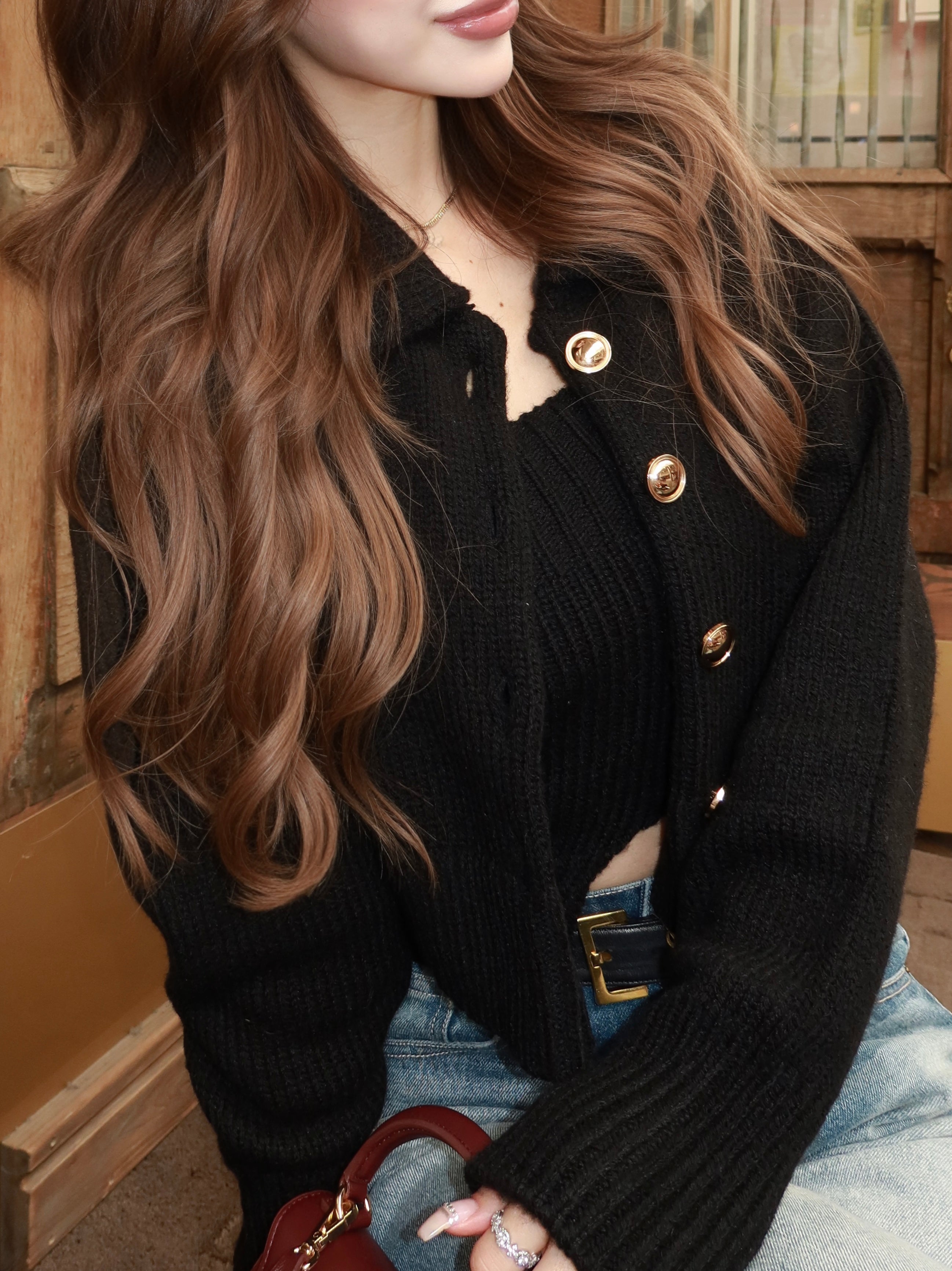 Big collar cardigan×bare top with inner bra