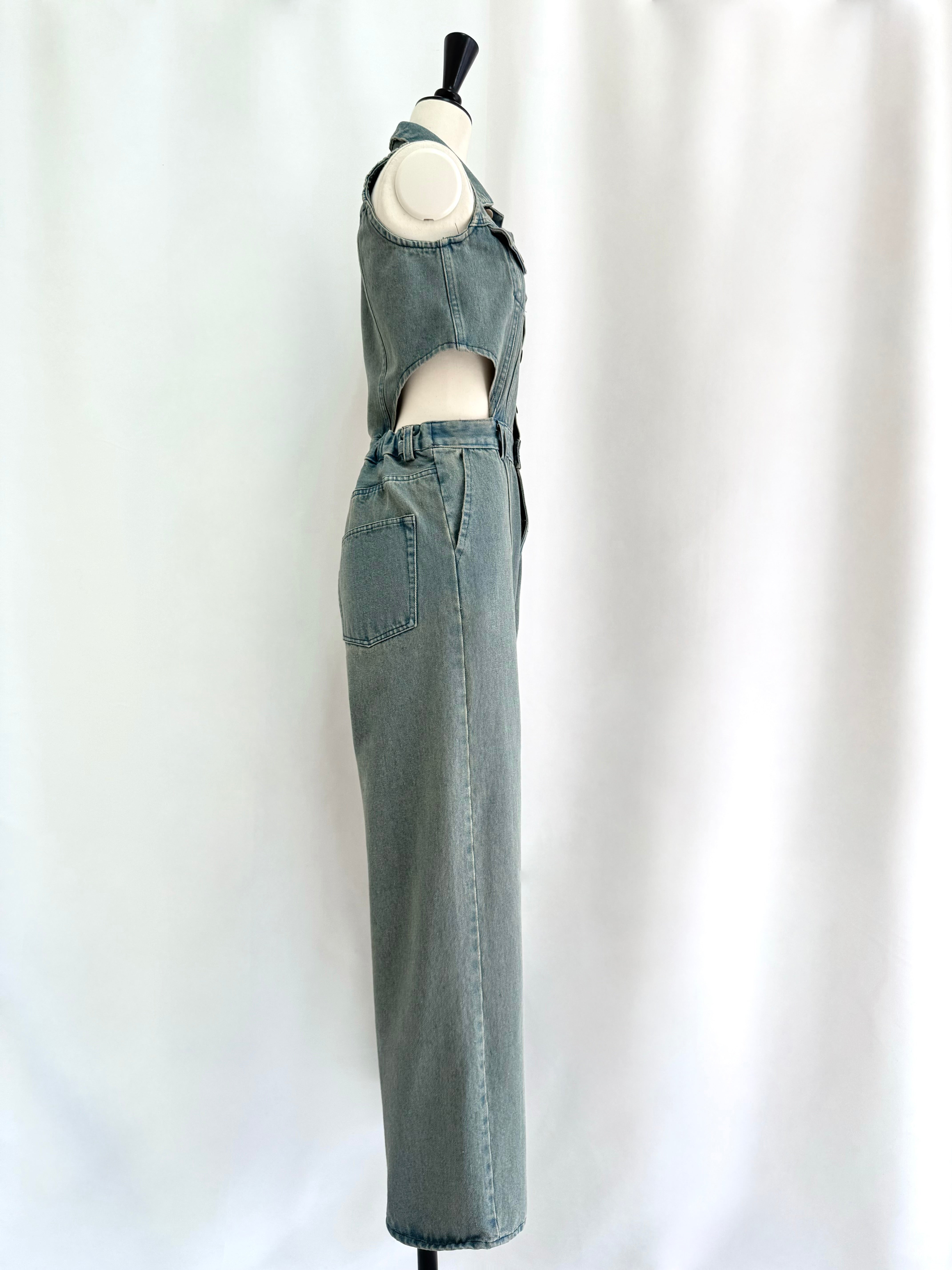 Side open denim all in one