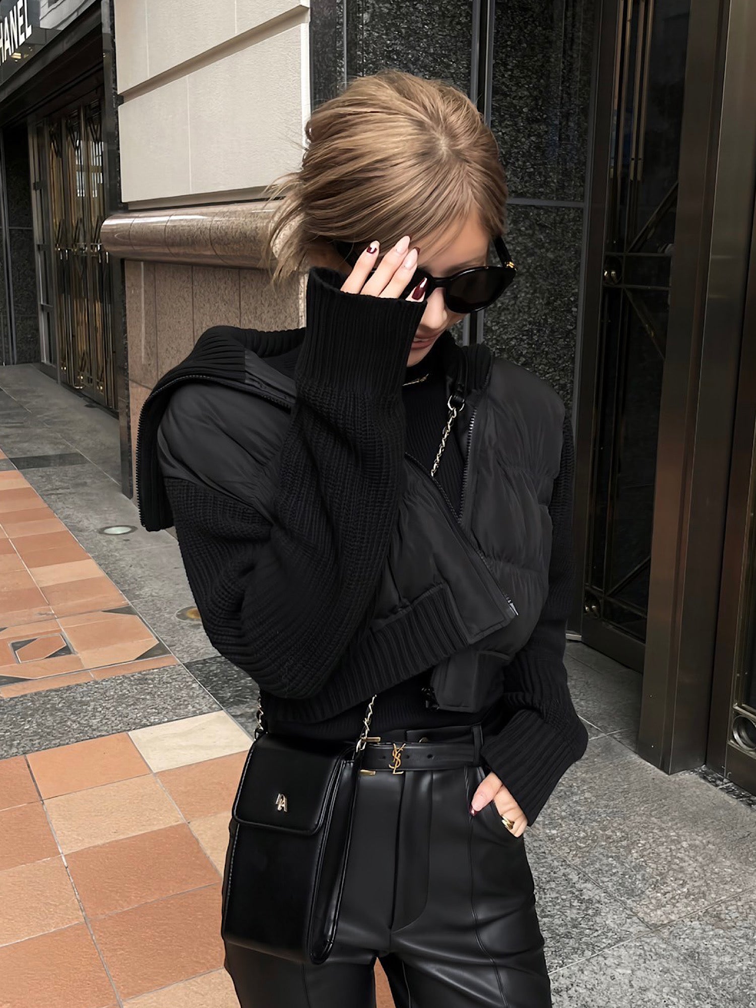 DIANTE 大きな色編みドッキングパフューブルゾン F ブラック BIG COLOR KNIT DOCKING PUFFY BLOUSON