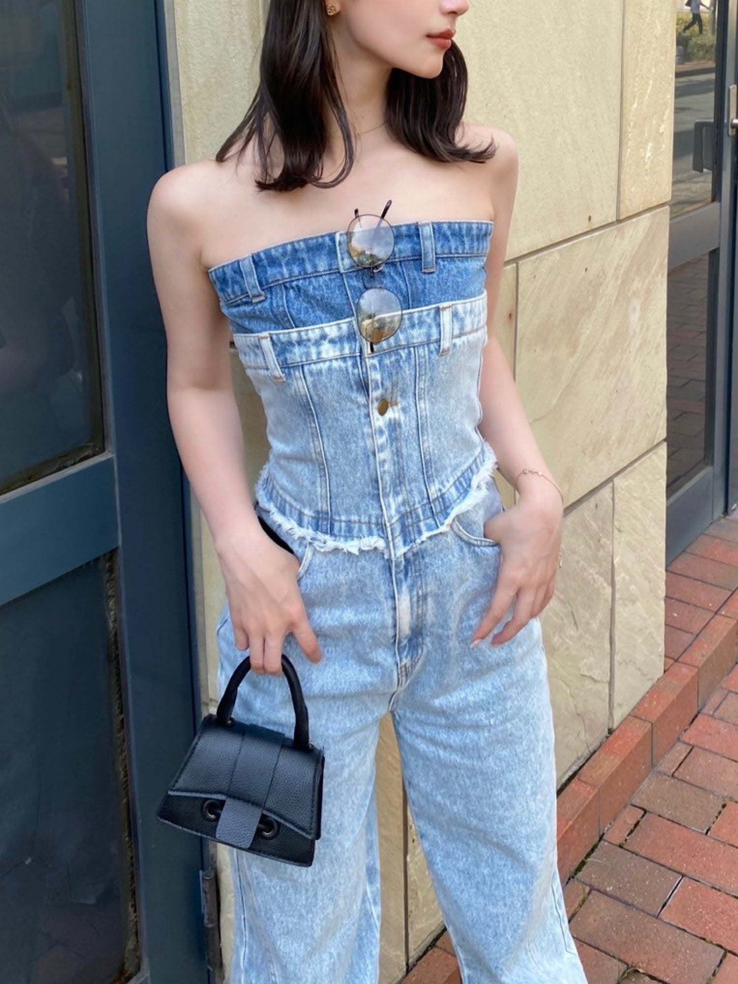 Denim bare top all in one