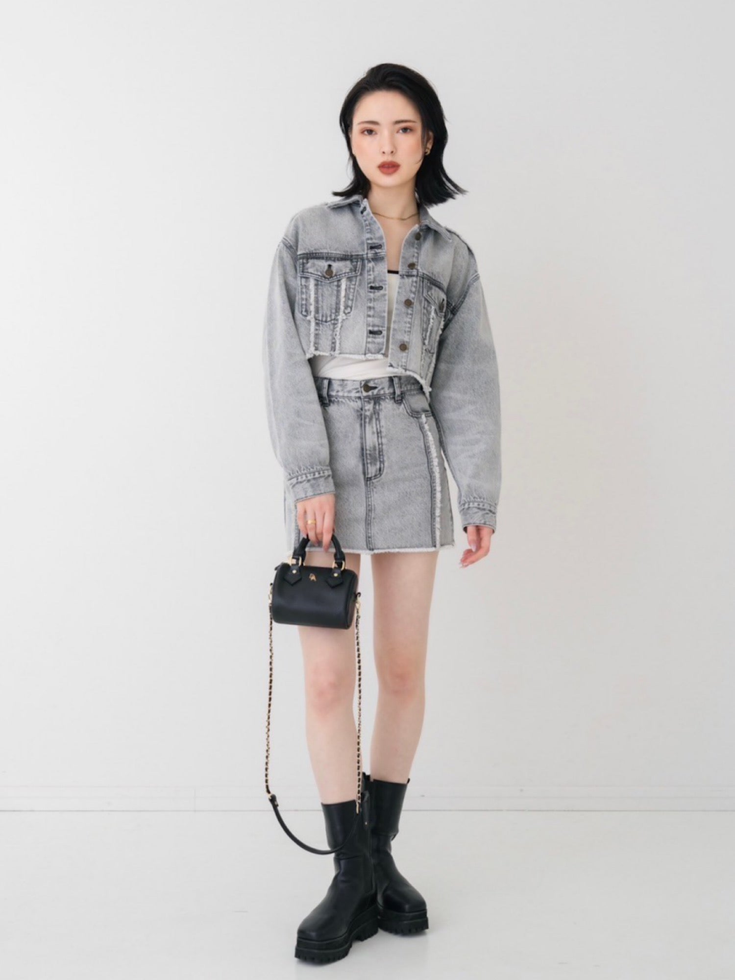 【予約】Fringe denim mini skirt(GRY 4月中旬〜下旬発送予定)