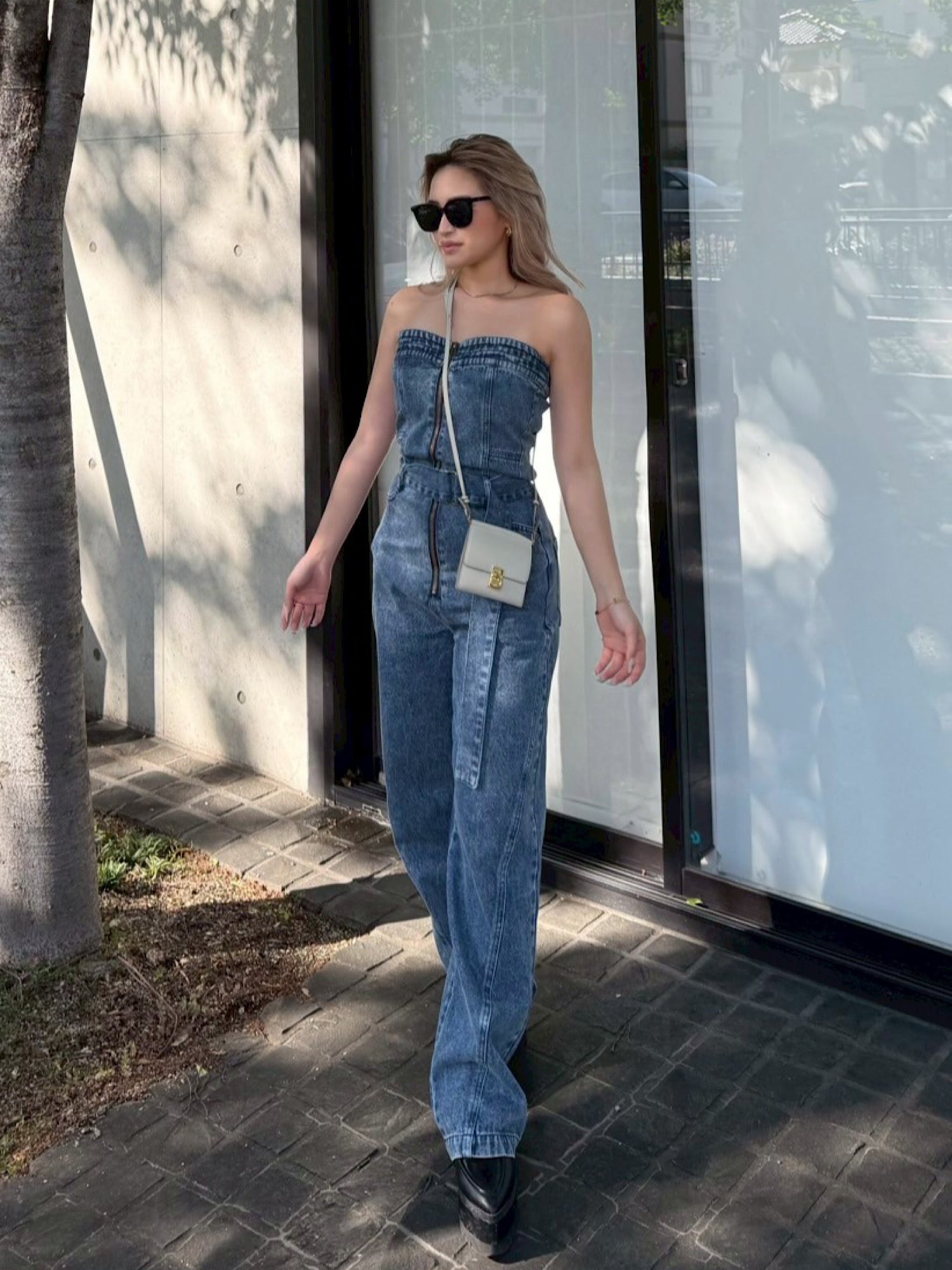 Belted denim all in one