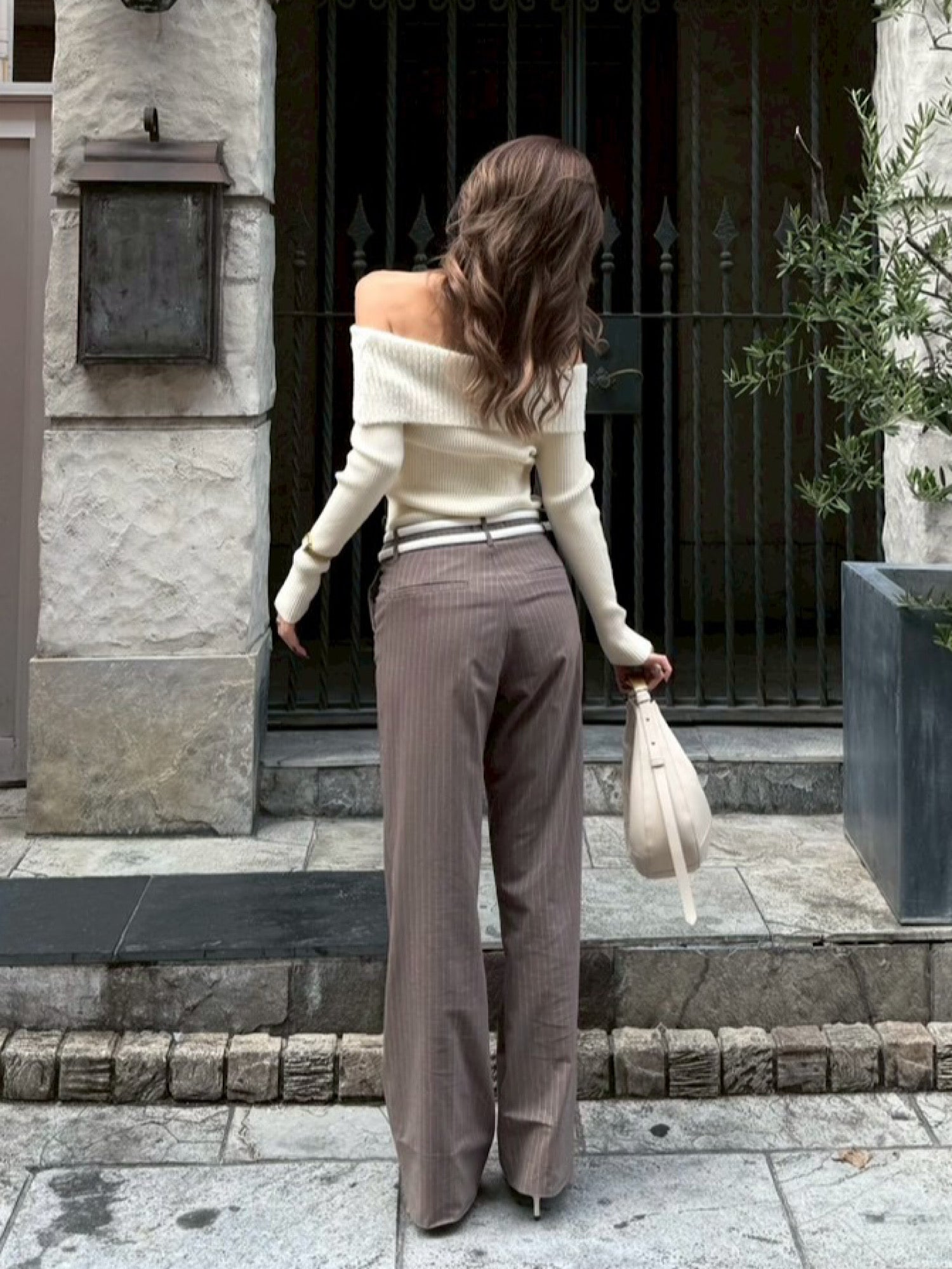 Off shoulder shaggy knit