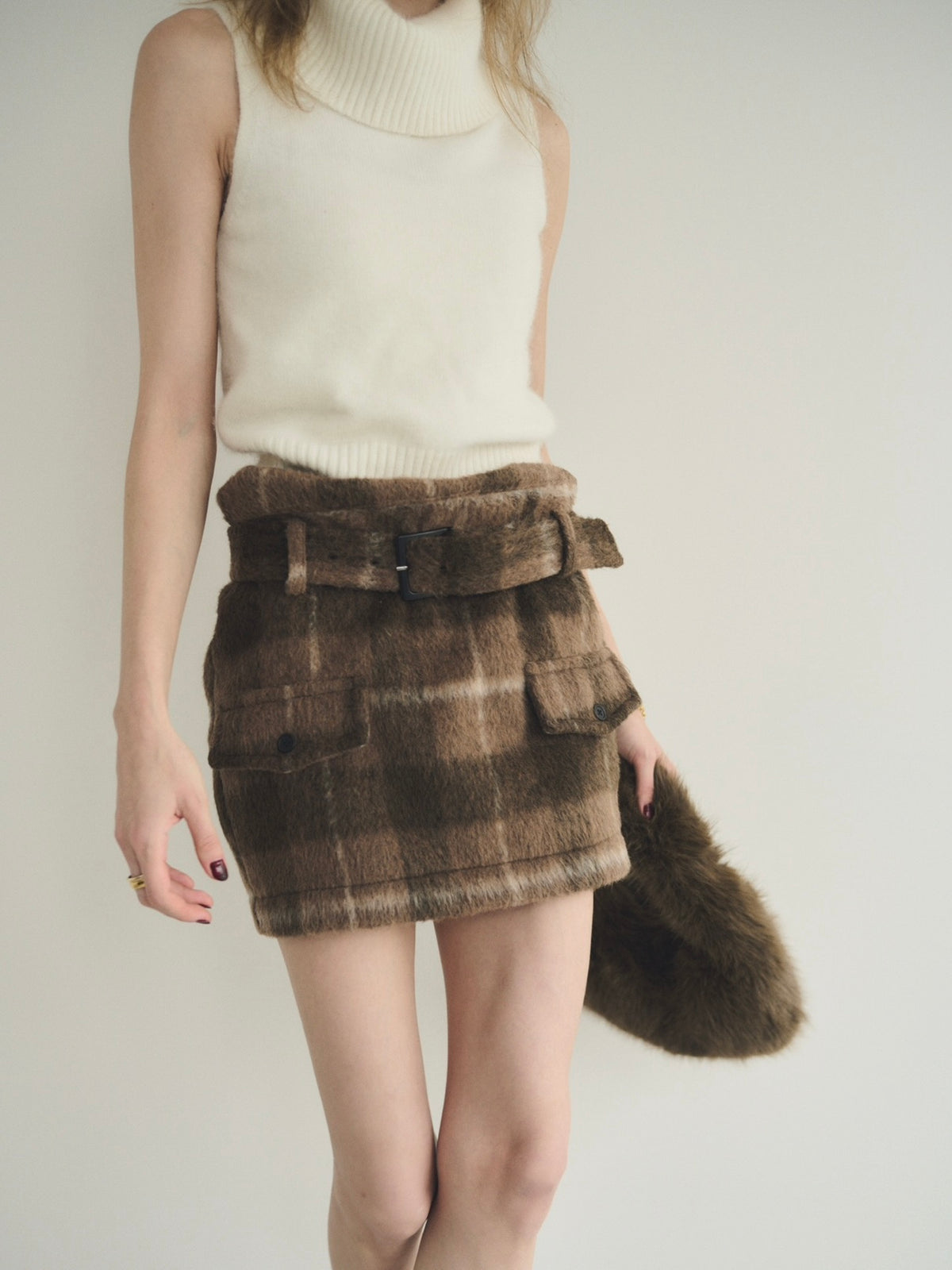 【予約】Shaggy check belted skirt with inner shorts(SETUP着用可)(10月上旬発送予定)