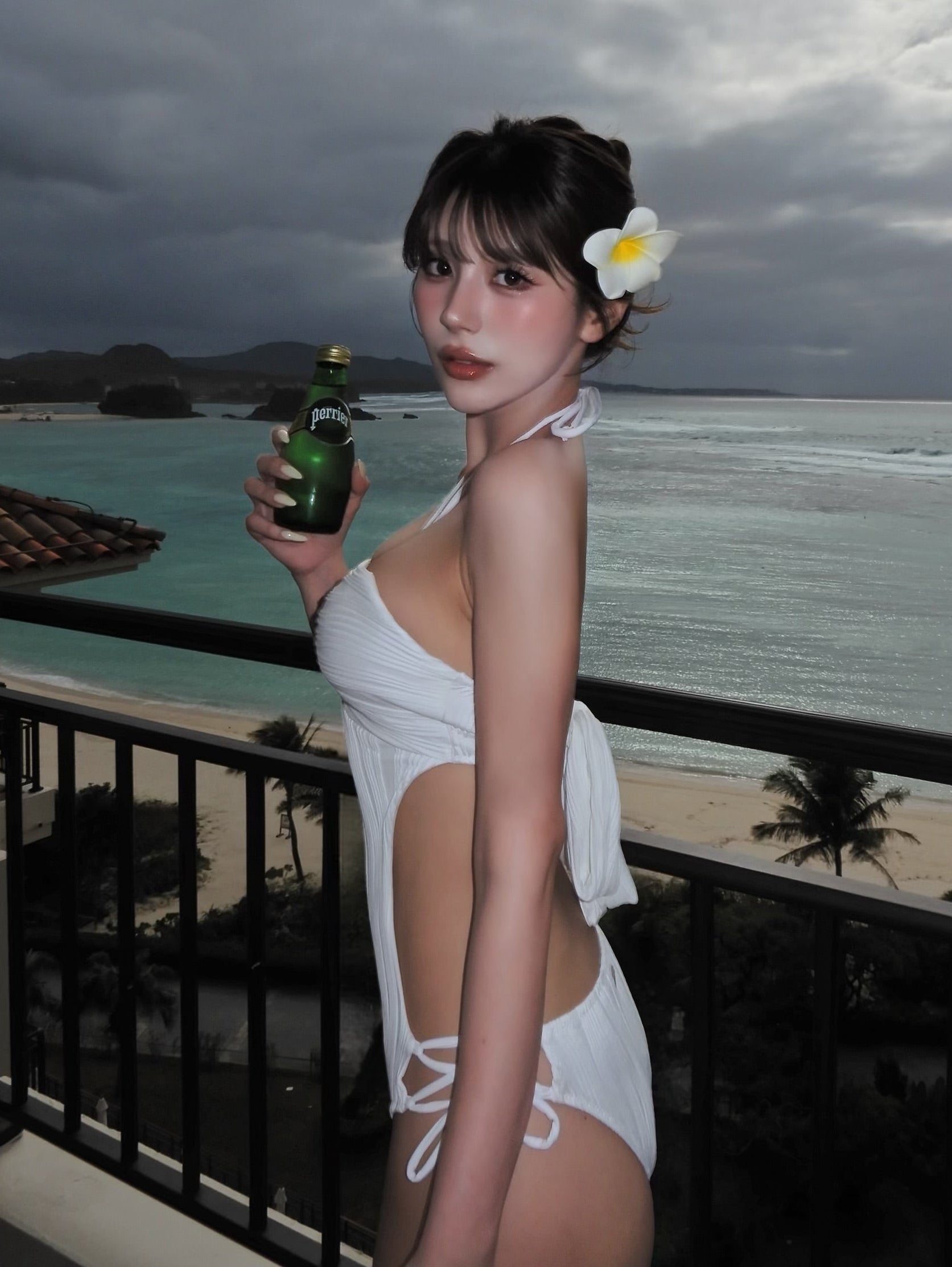 Random pleats swim one-piece