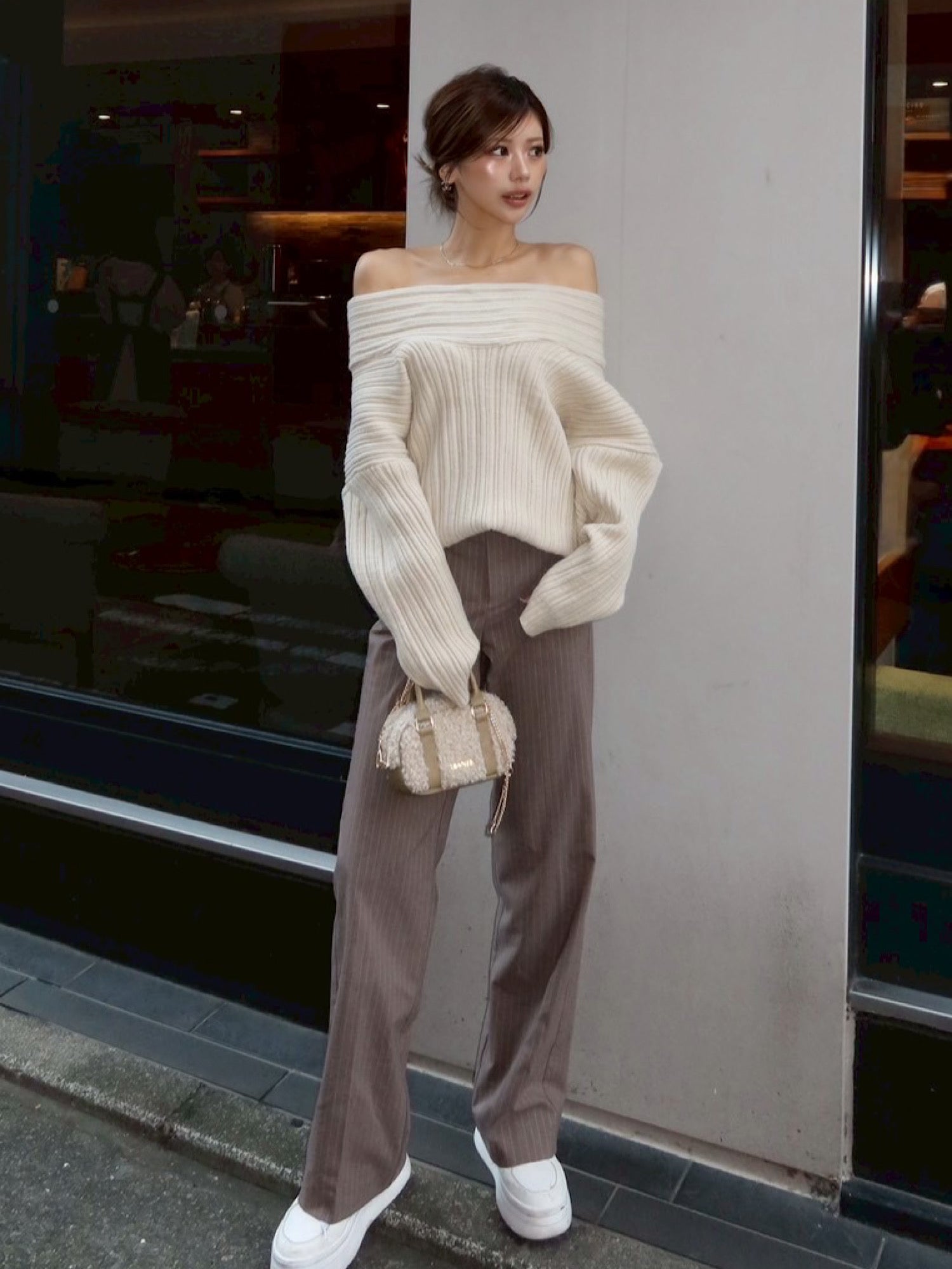 【予約】Random rib off shoulder knit(GRY 2月中旬〜下旬発送予定)
