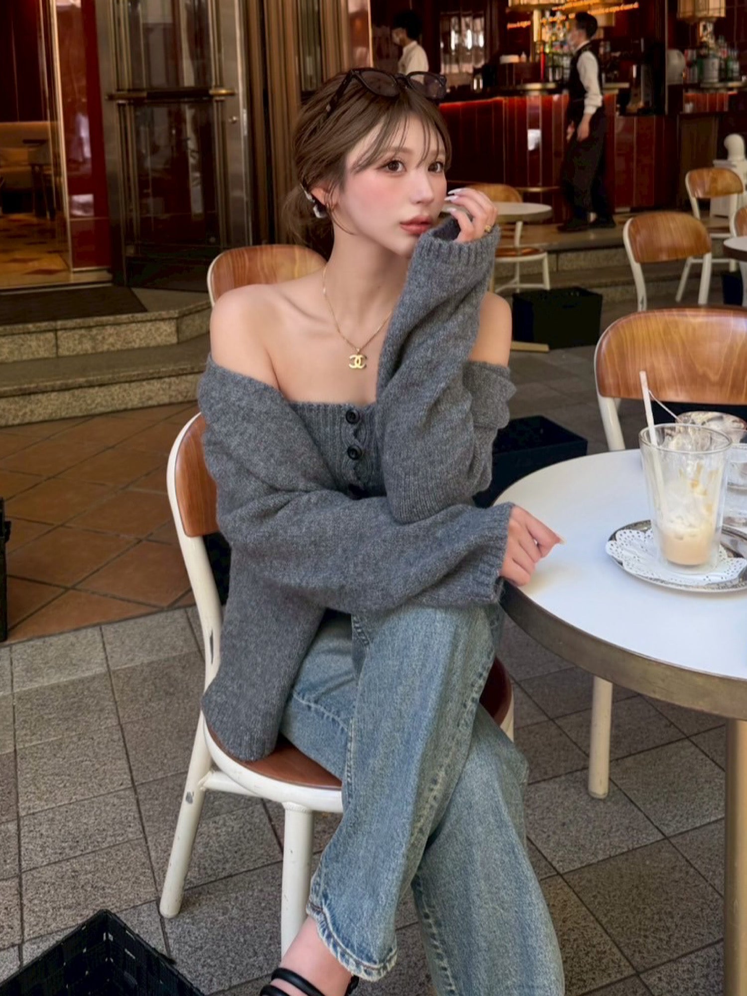 トップス DIANTE FRONTBUTTON BARETOP KNIT CARDIGAN Front button baretop×Knit cardigan SET | DIANTÉ (ディアンテ