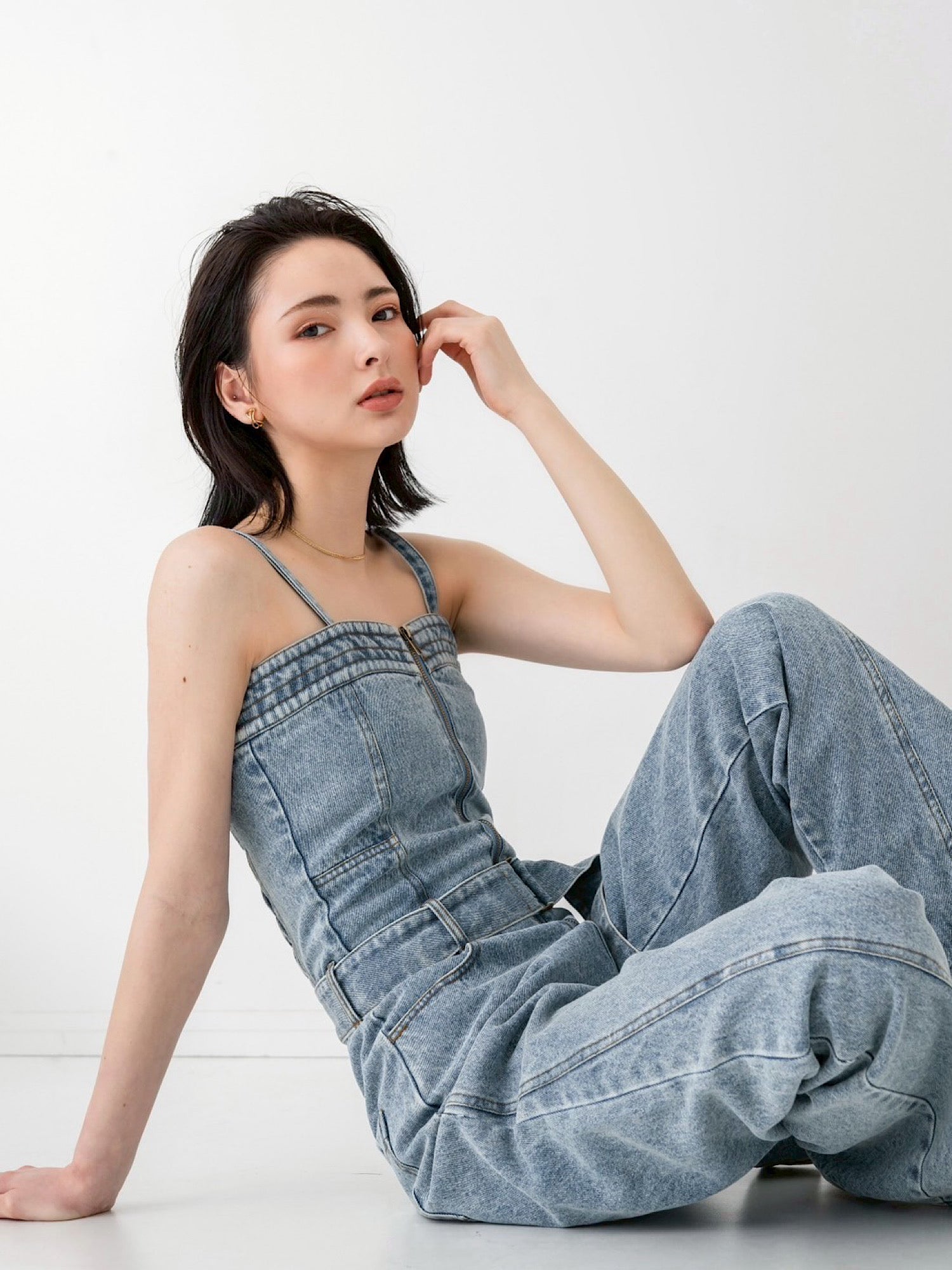 Belted denim all in one