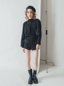 Leather piping tweed shorts