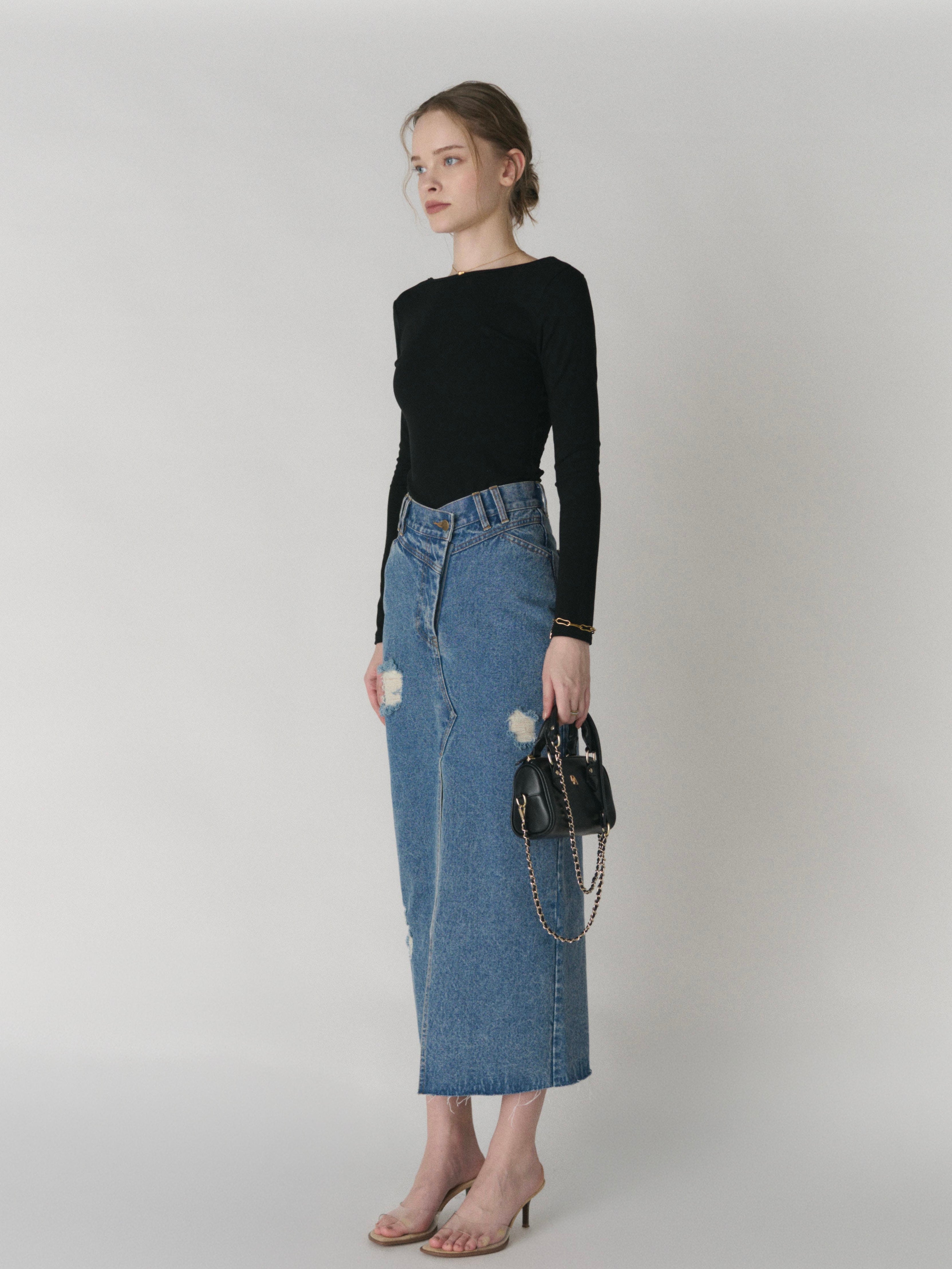 DIANTE デニム ロングスカート 2 スリット ウォッシュ加工 ブルー Front slit damage long skirt | DIANTÉ (ディアンテ)公式通販サイト